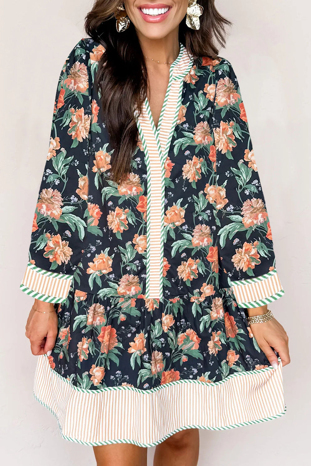 Blue Floral Print Striped Trim V Neck Long Sleeve Ruffle Hem Shift Mini Dress Floral Dresses 4e5d3aeff2a74d76