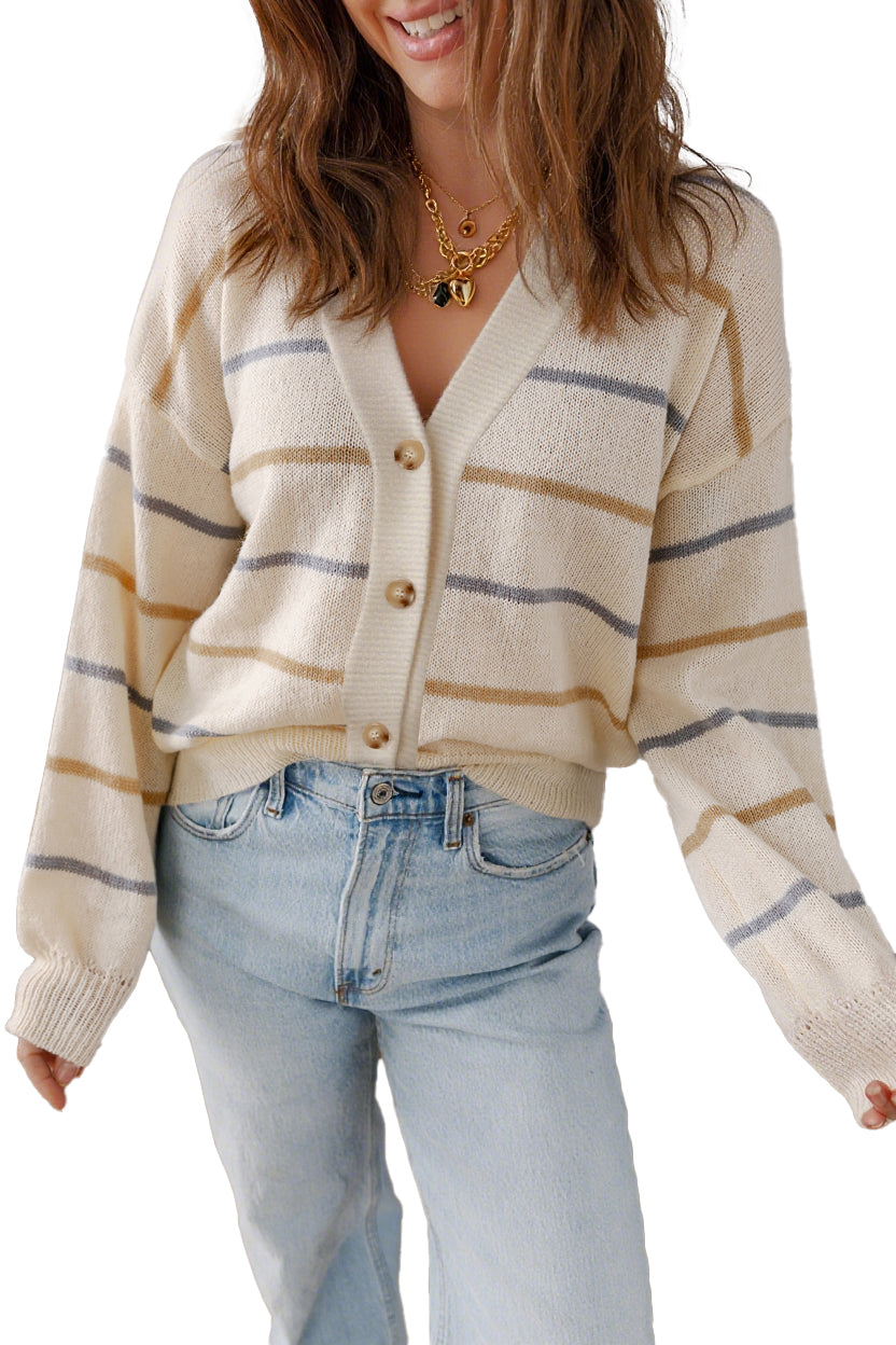 Multicolour Striped Buttoned Front V Neck Drop Shoulder Cardigan Cardigans 4e8a7ba3c7c9d913