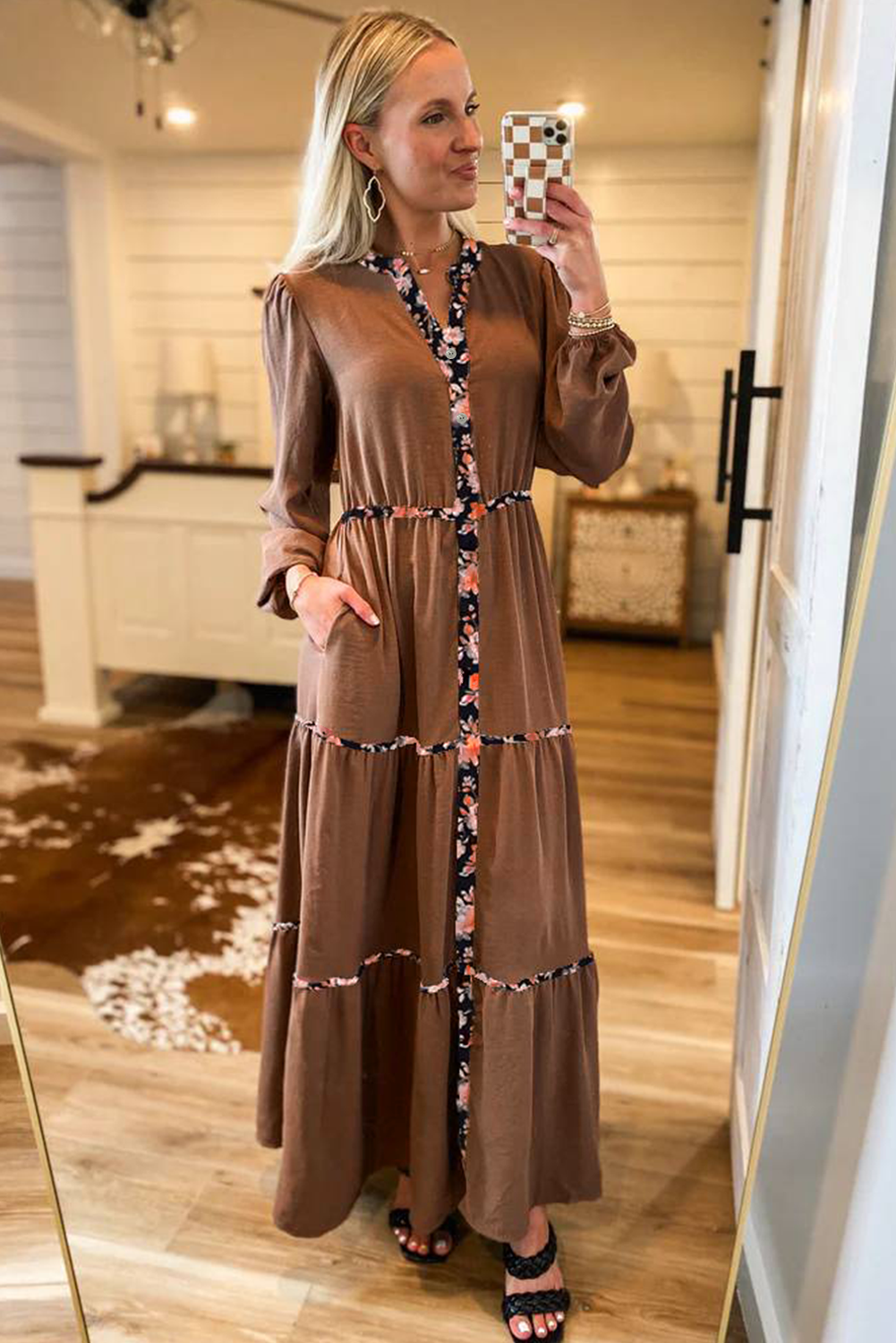Chestnut Floral Patchwork Notched Neck Long Sleeve Maxi Dress Maxi Dresses 4ec39cf48477bd7f
