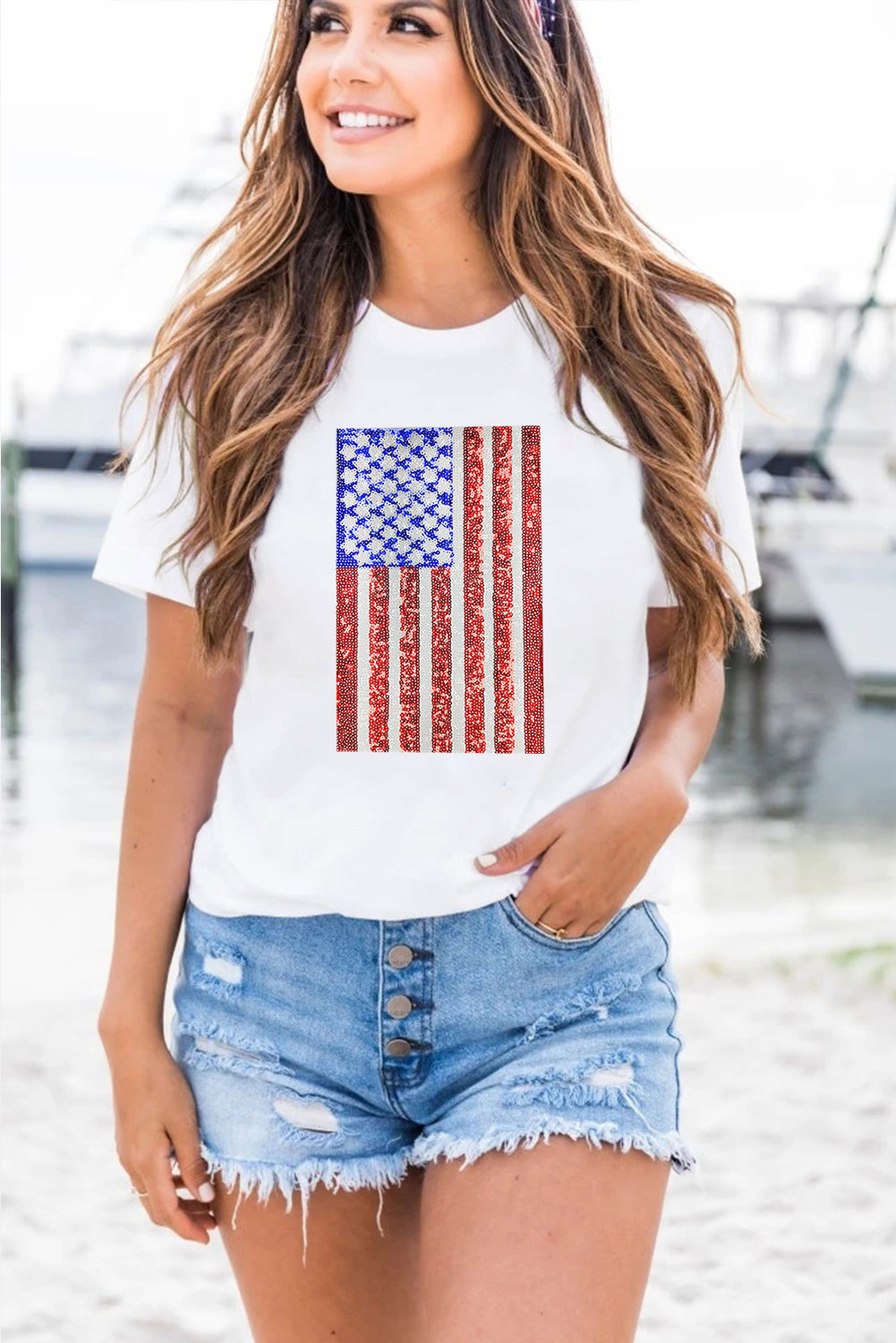 White Shimmery USA Flag Graphic Round Neck Tee Graphic Tees 4ef30acb23bd8a41