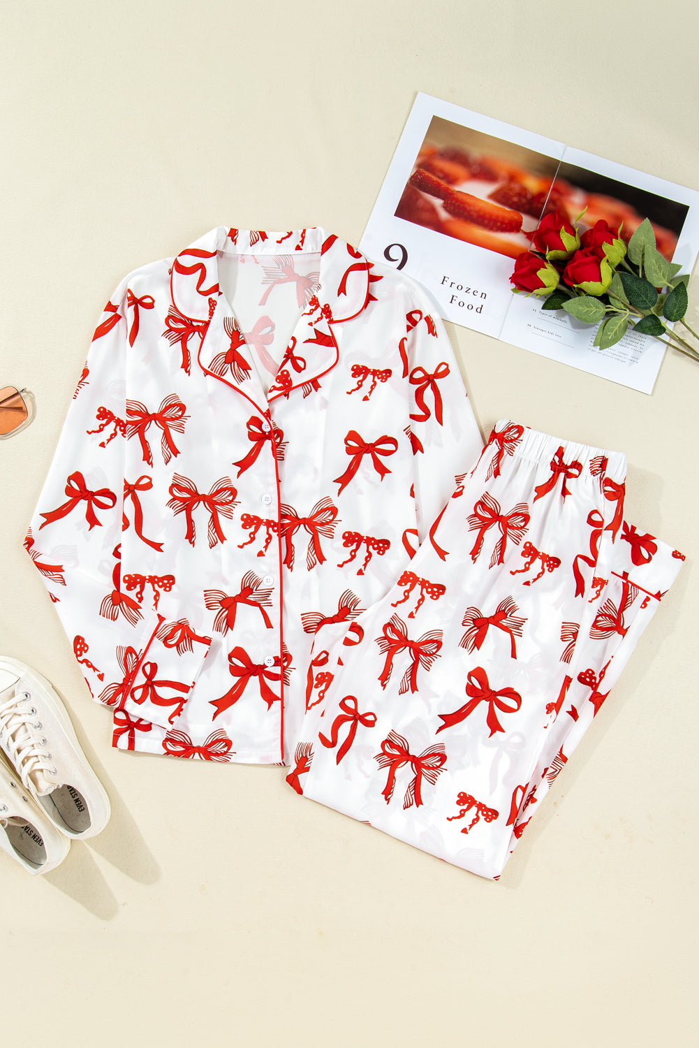 Red Christmas Bow Print Long Sleeve 2pcs Pajama Set Loungewear Set 4f3d32c0fc7489fa
