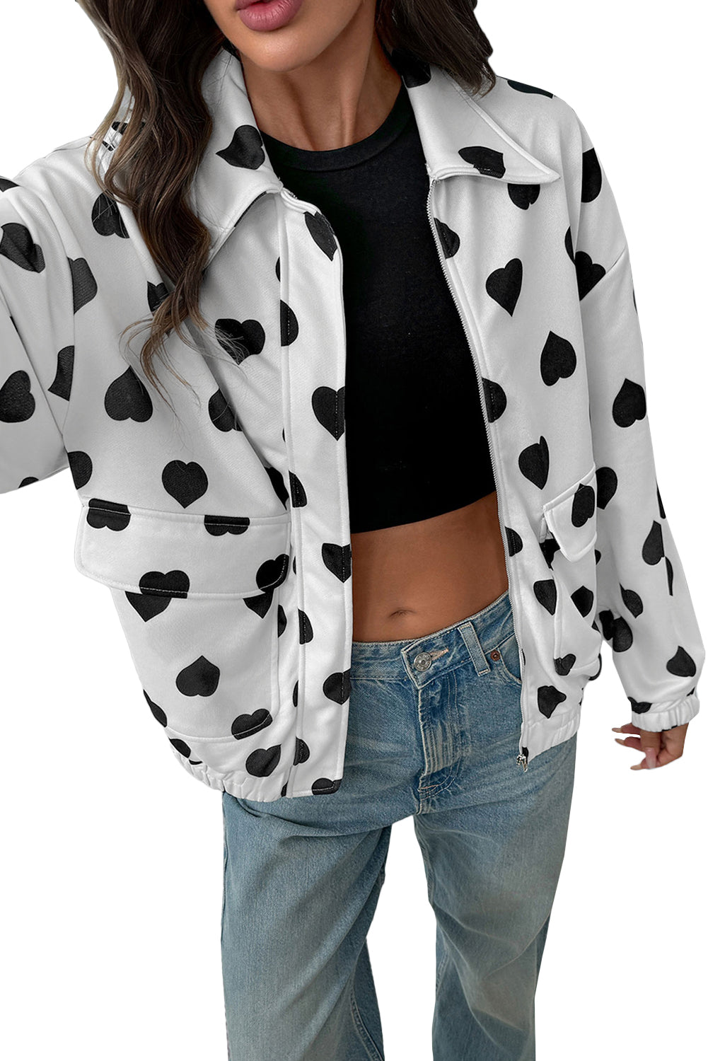 White Zipper Heart Print Collared Jacket Jackets 4f5d8b8381fb91fe