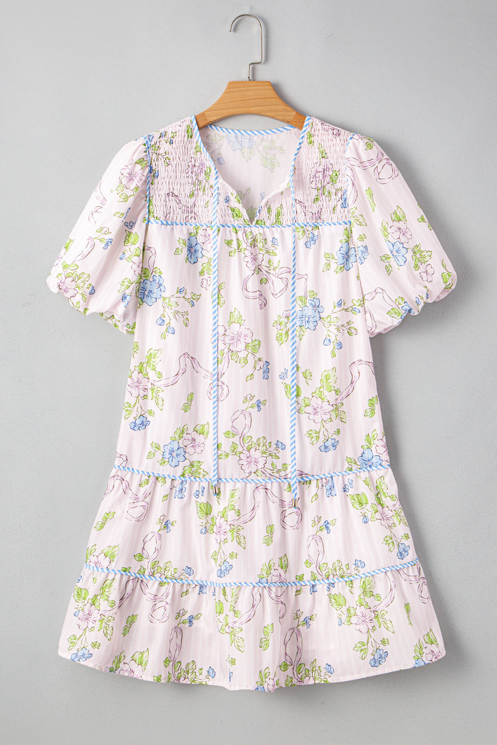 Pink Floral Striped Print Contrast Trim Tie Split Neck Mini Dress Short Dresses 4f7909e8d616df93