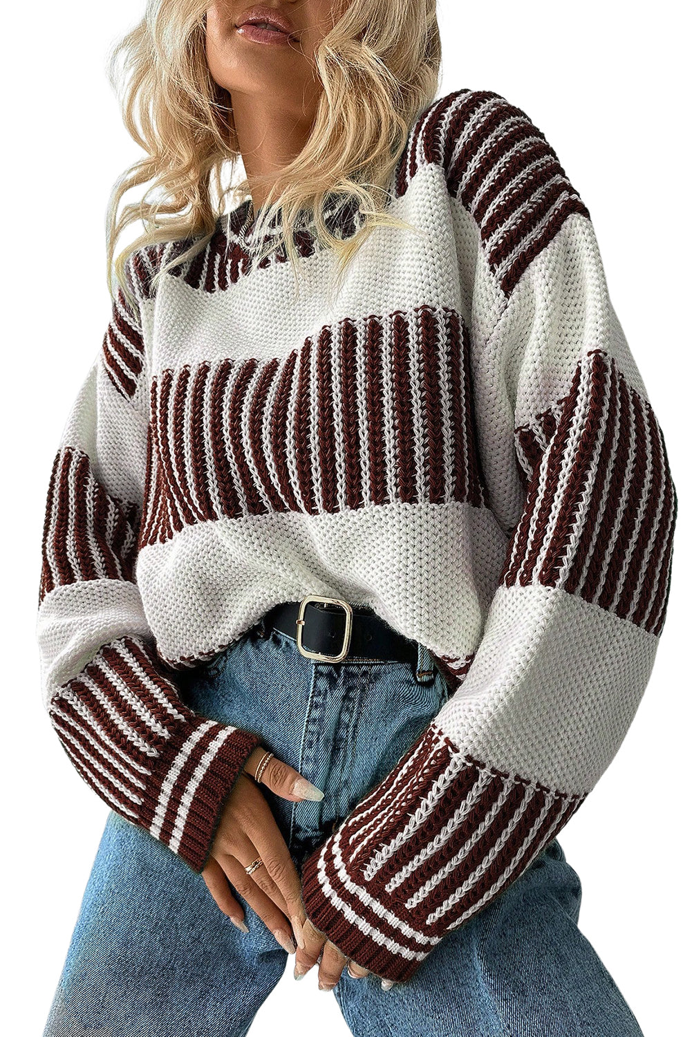 Brown Two Tone Striped Patchwork Drop Shoulder Sweater Sweaters 4f7b90a9ea7835bf
