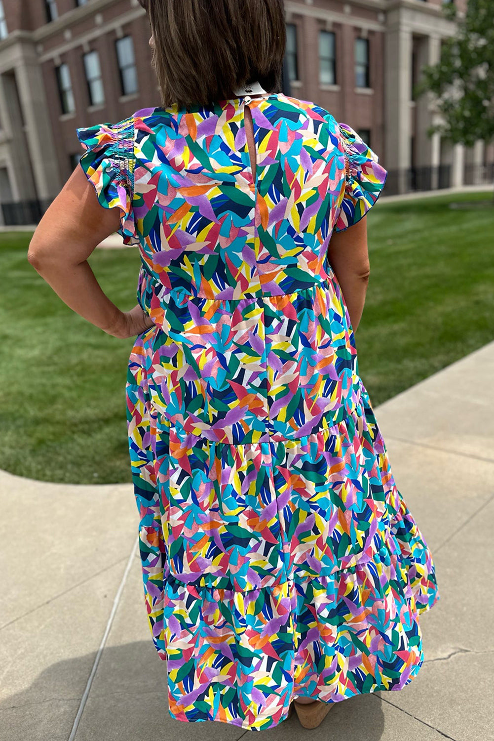 Blue Abstract Print Ruffle Sleeve Plus Size Tiered Maxi Dress Plus Size Dresses 4fab7f3f5811f9ed