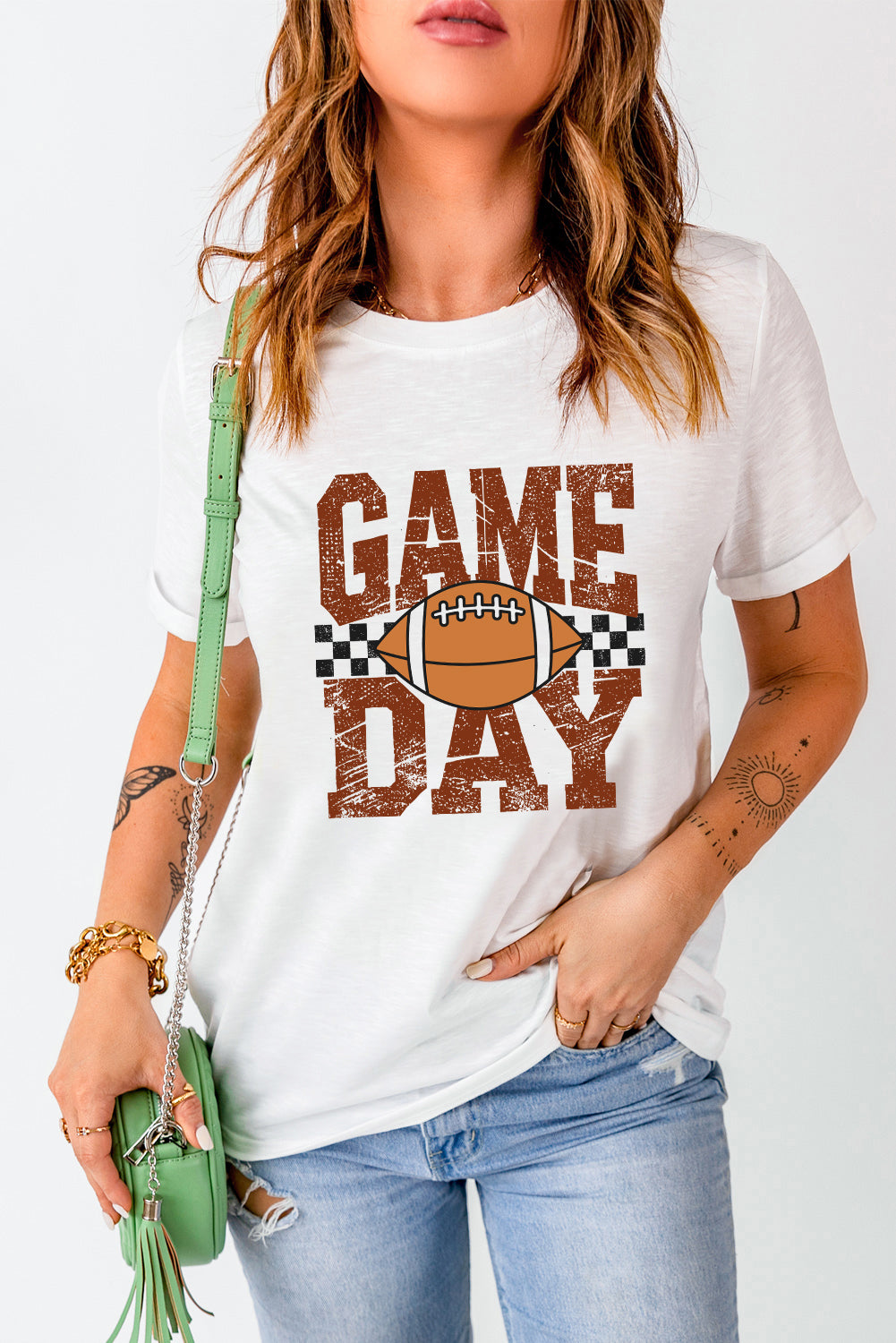White GAME DAY Checkered Football Heat Transfer Printing Vintage Graphic Tee Graphic Tees 4fc0f8f993e288be