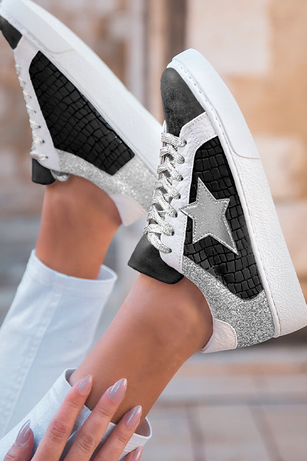 Gold Glitter Star Patchwork PU Leather Lace-up Sneakers Sneakers 503022d6a0ea10de