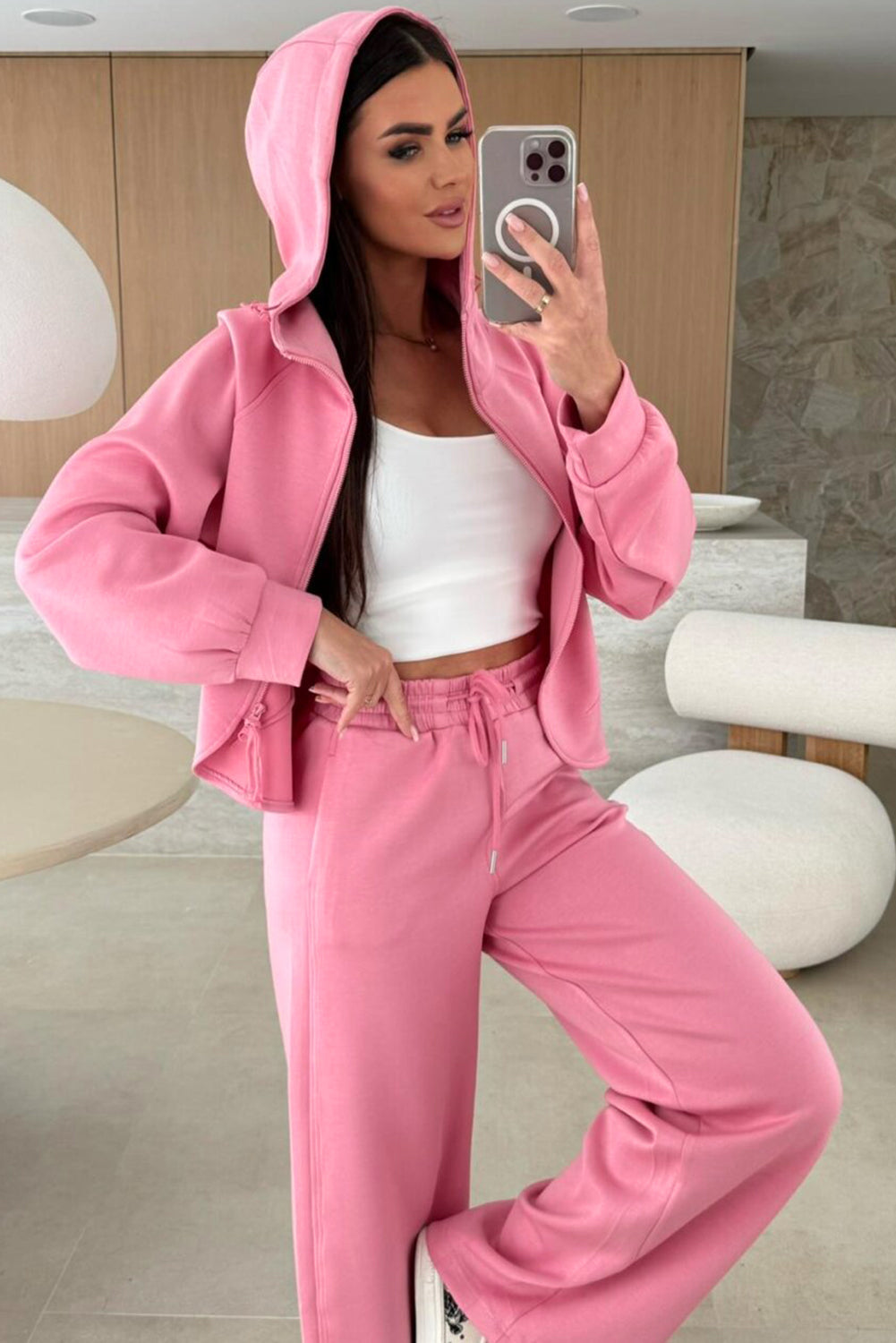 Pink Solid Color Zip Up Hoodie Drawstring Loose Pants Set Two Piece Pants Sets 506cd44811c7d96d