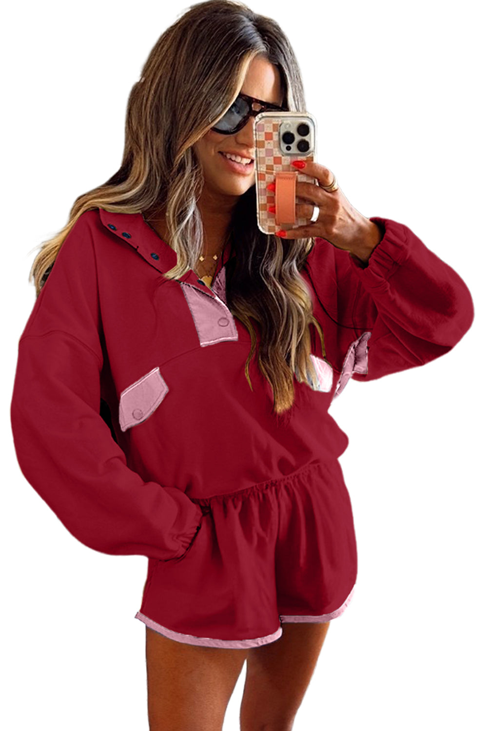 Navy Blue Colorblock Patchwork Half Button Pullover and Shorts Outfit Two Piece Shorts Sets 5113dedff3175995