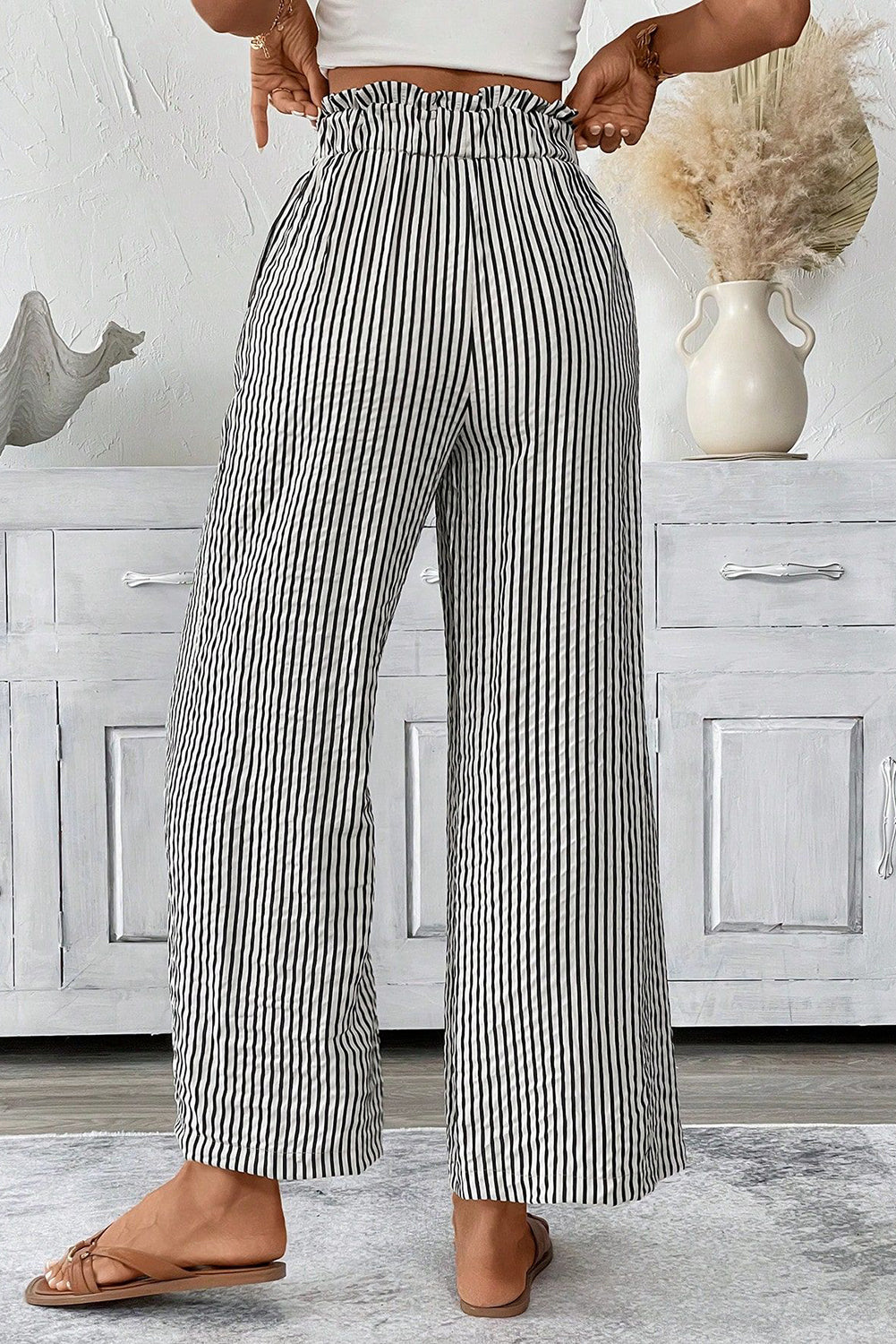 Black Striped Frill Knot Waist Decor Pants Pants 517a1d1f32e69a6c