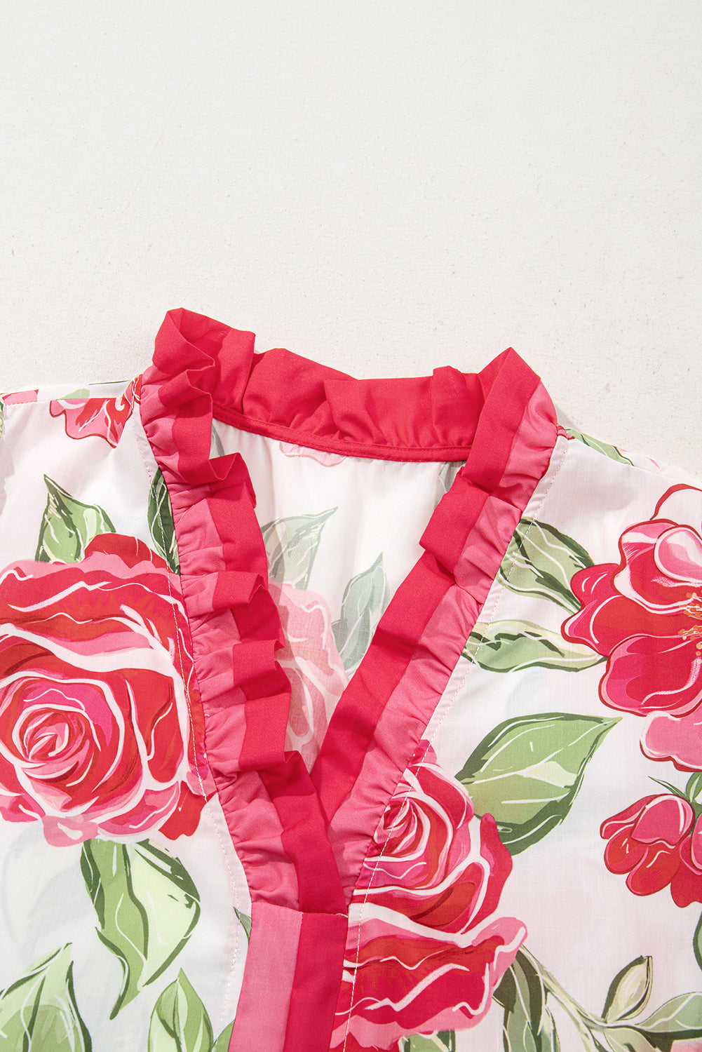 Rose Plus Size Floral Print Frill Neck Short Sleeve Blouse Plus Size Tops 518134f1bd14d831