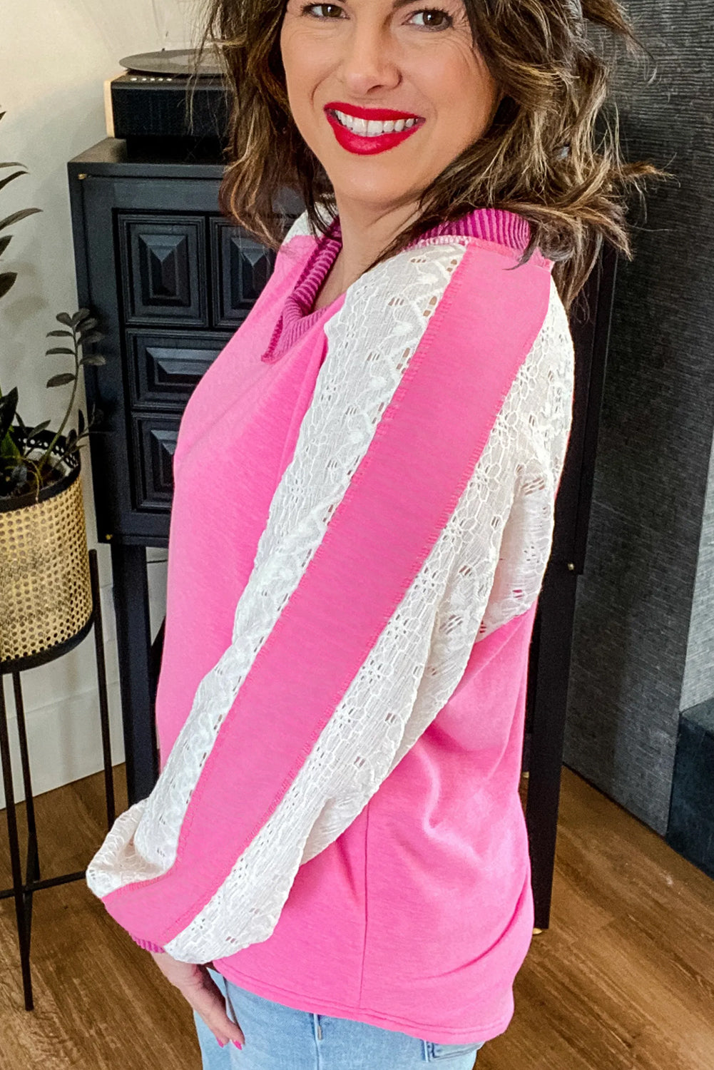 Bonbon Lace Patchwork Corded Trim Plus Size Long Sleeve Top Plus Size Tops 51db1a347adfa2f6