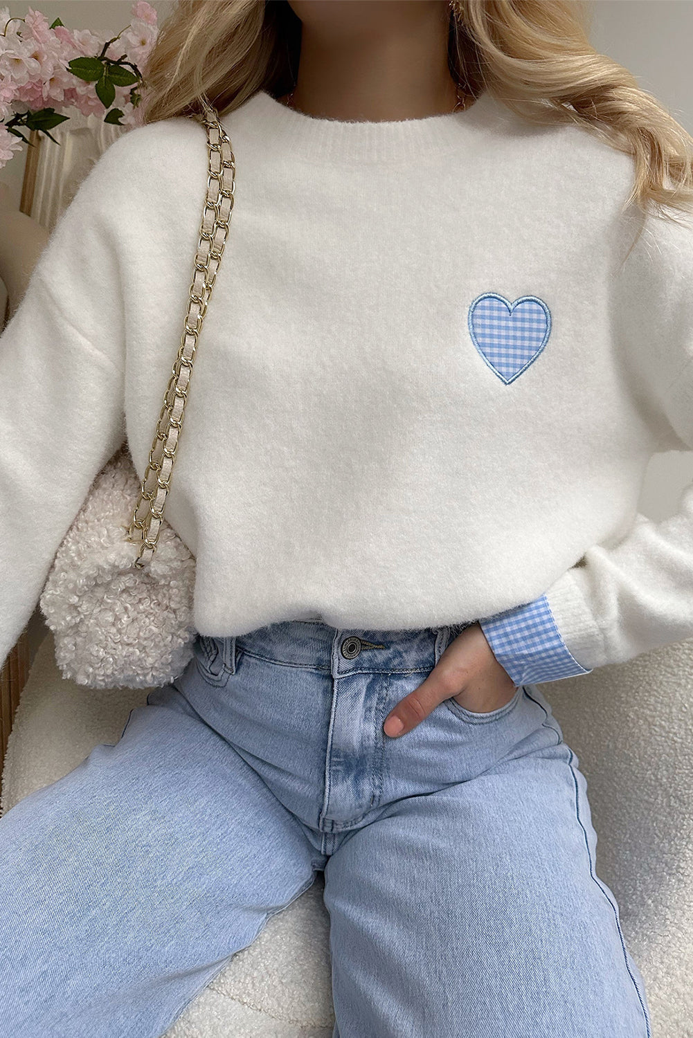 White Plaid Heart Embroidered Cuffed Drop Shoulder Crew Neck Sweater Sweaters 51f617838f84e8f2
