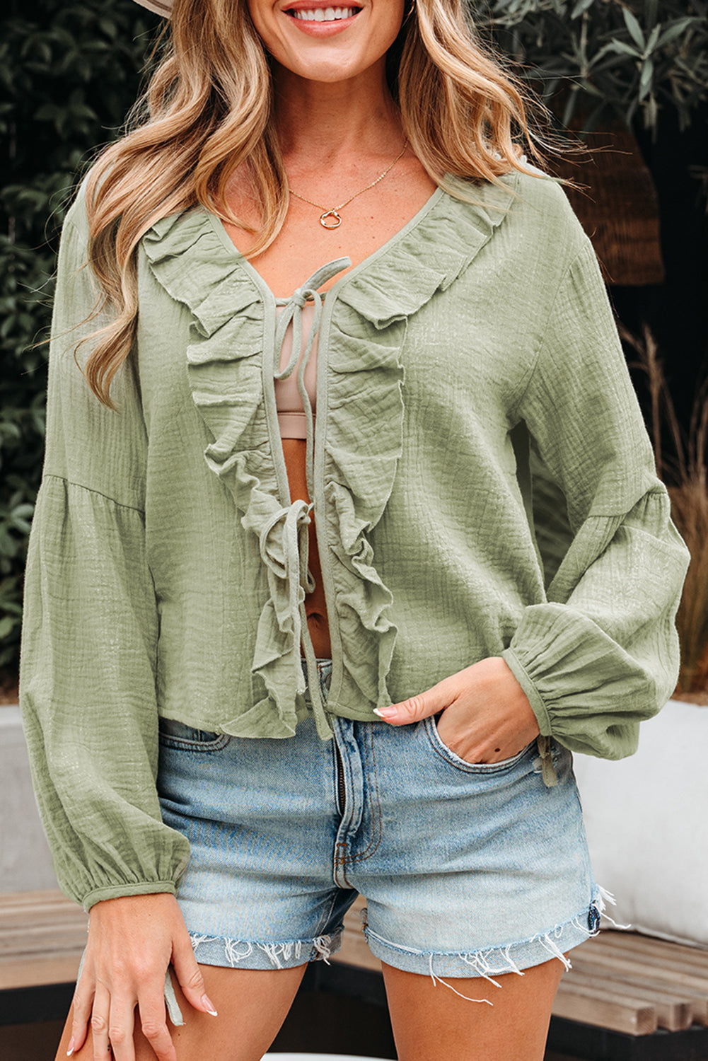Meadow Mist Green Bow Tie Front Ruffle Trim V Neck Long Sleeve Blouse Blouses 525e48a21615cecb