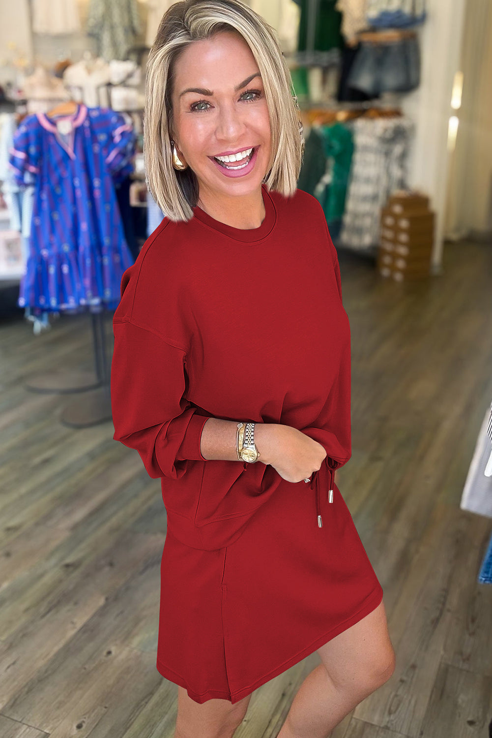 Racing Red Solid Color Drop Shoulder Pullover Drawstring Mini Skirt Set Two Piece Skirt Sets 5264208b954e7bfb