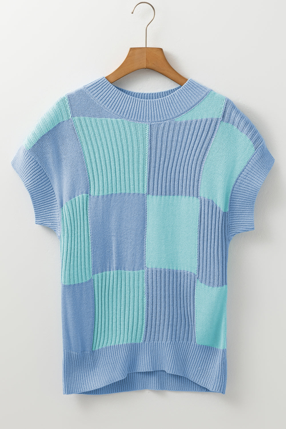 Light Blue Checkered Color Block Crew Neck Short Sleeve Sweater Short Sleeve Sweater 52746d91f81417a3