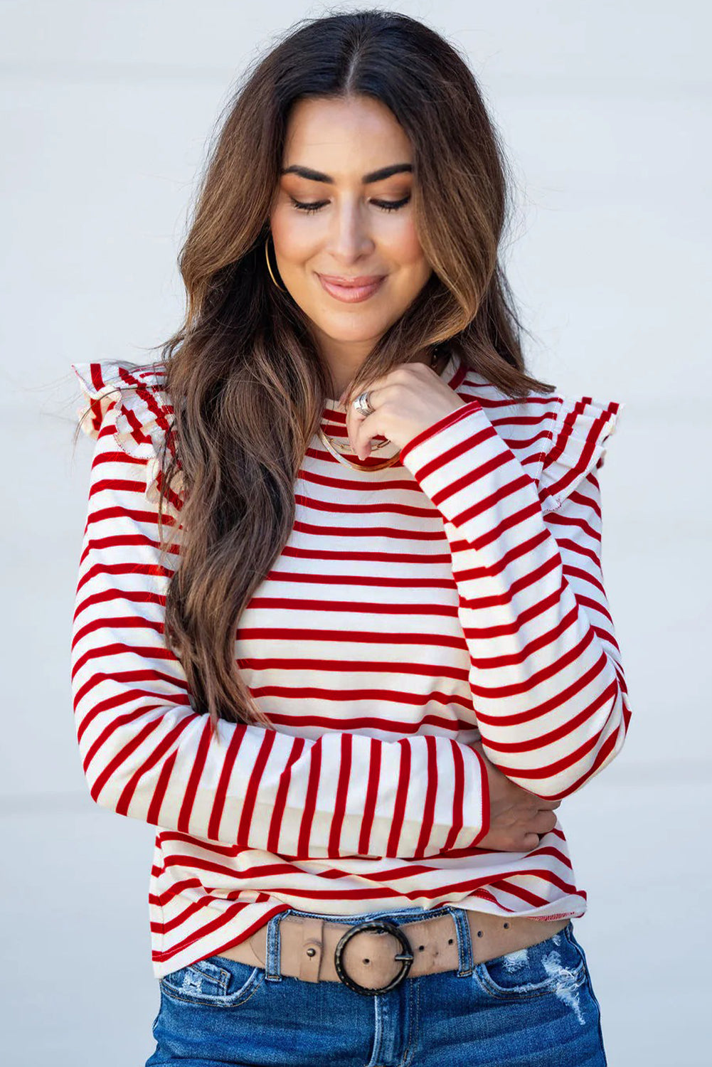 Red Striped Ruffle Shoulder Long Sleeve Top Long Sleeve Tops 52eb80d430b6fe1f