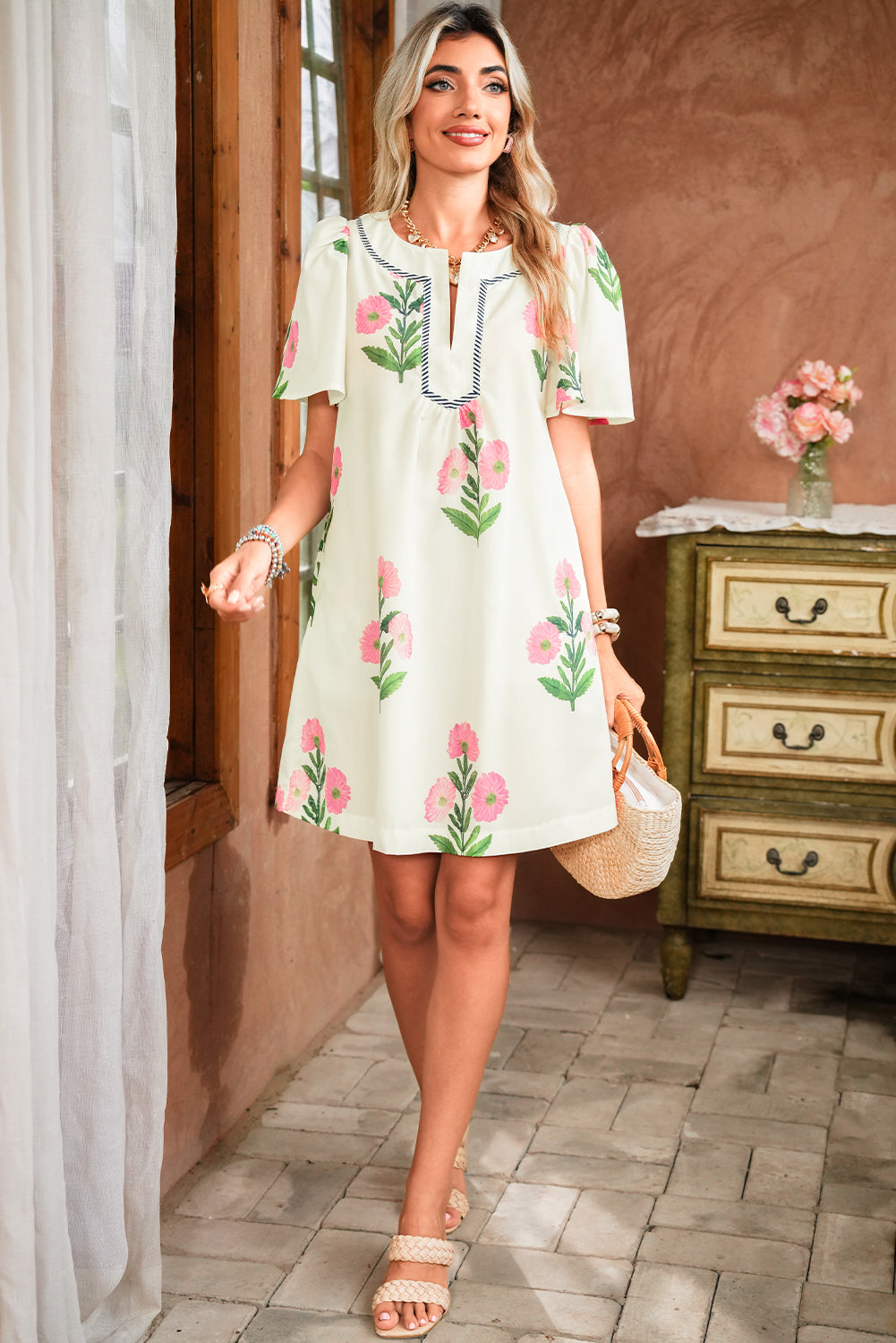 Rose Striped Trim Short Sleeve Split Neck Floral Mini Dress Short Dresses 530e922c9d3e41d2