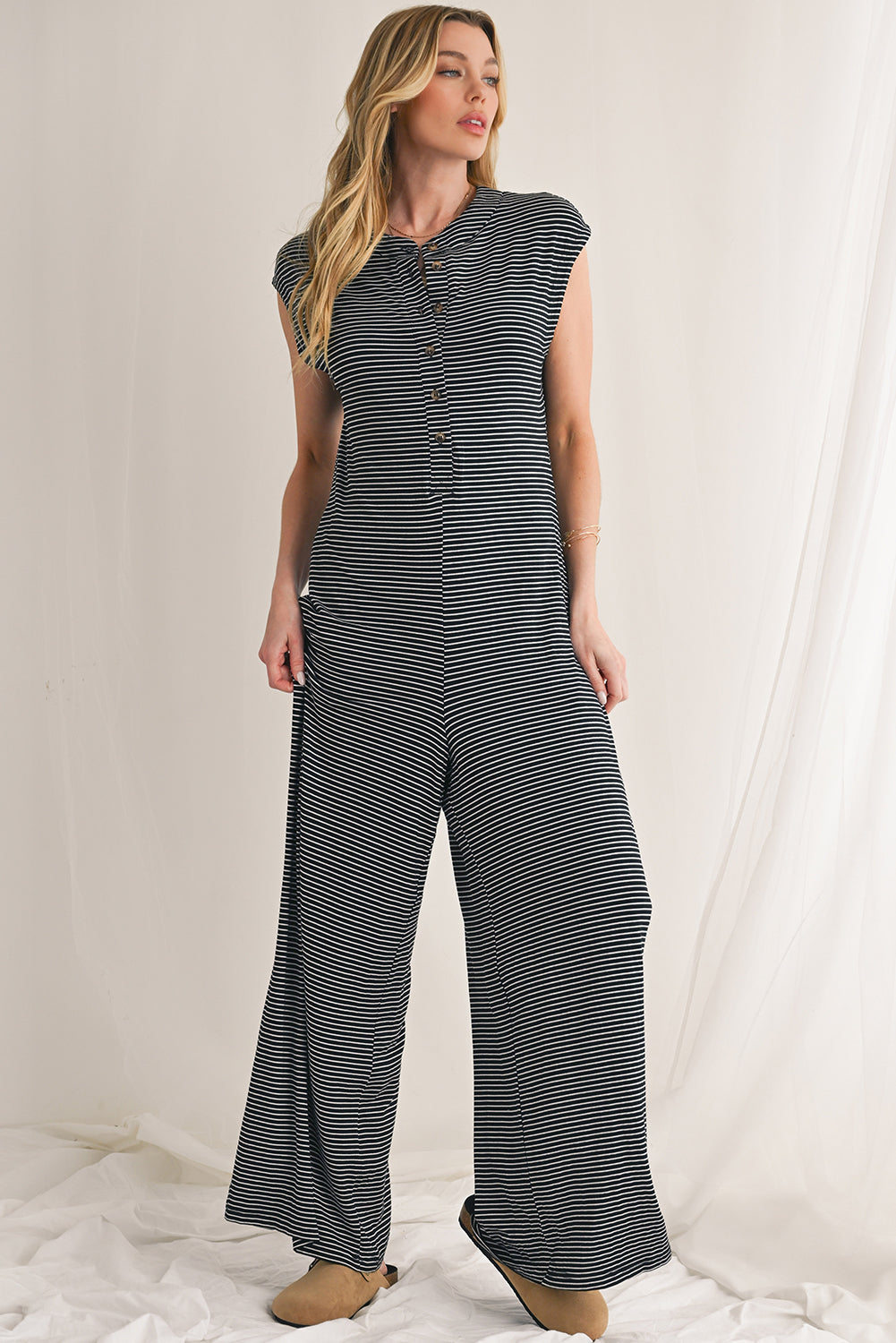 Black White Striped Button Sleeveless Jumpsuit Jumpsuits 53449eea33b3936a