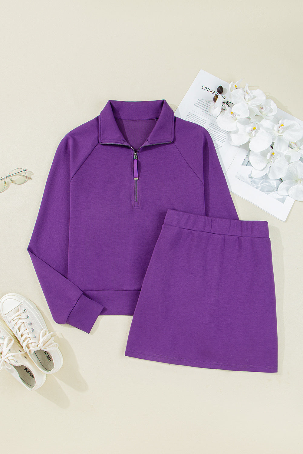 Wisteria Half Zip Sporty Pullover Mini Skirt 2pcs Outfit Two Piece Skirt Sets 5388fca02b88dcdc