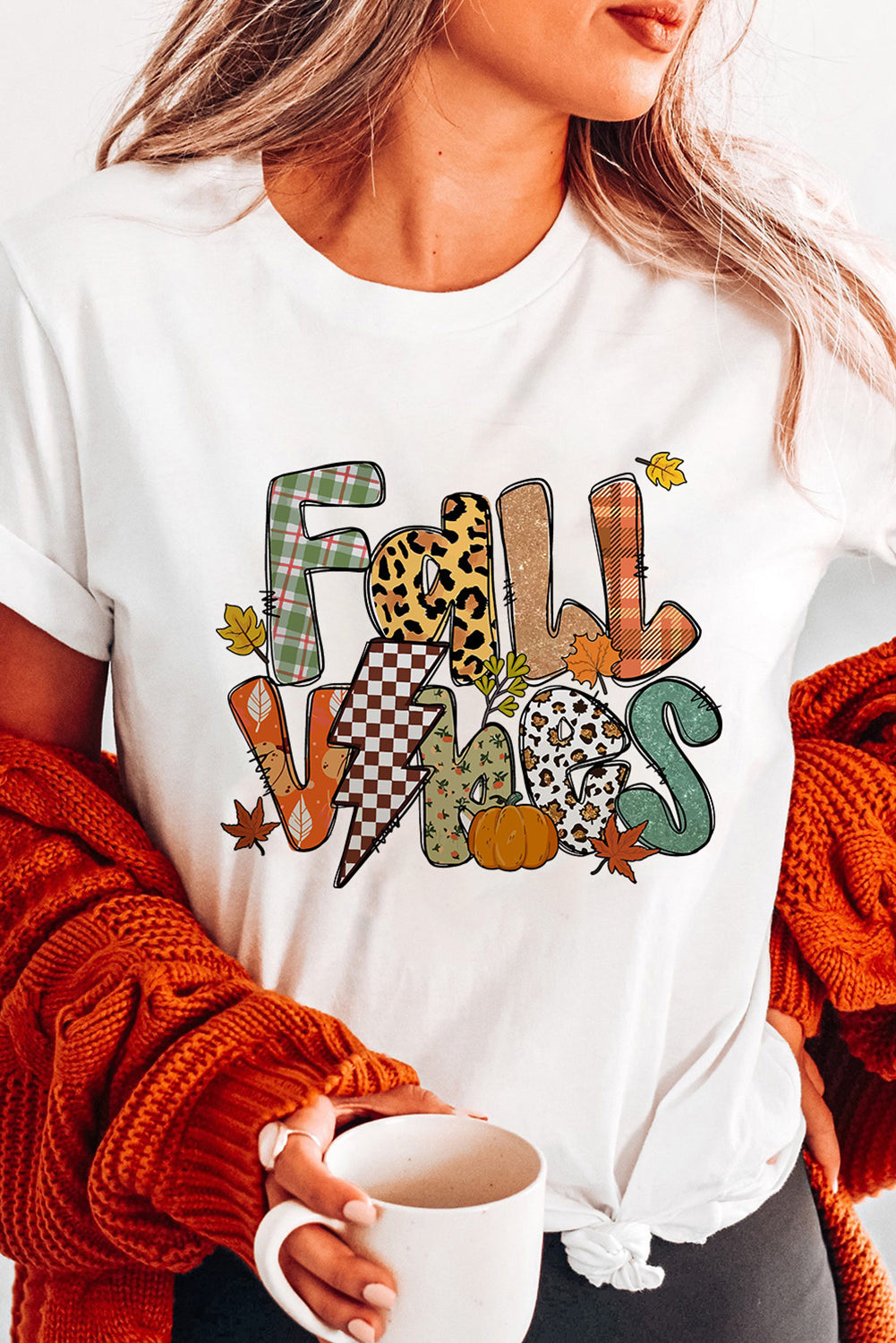 White FALL VIBES Cotton Blend Heat Transfer Printing Casual T Shirt Graphic Tees 540c6f4630203916