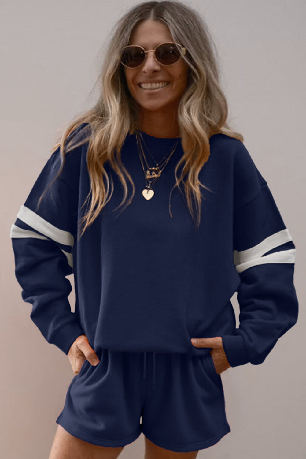 Navy Blue Varsity Striped Sleeve Drop Shoulder Sweatshirt and Shorts Set Two Piece Shorts Sets 5443001800ffa9ae