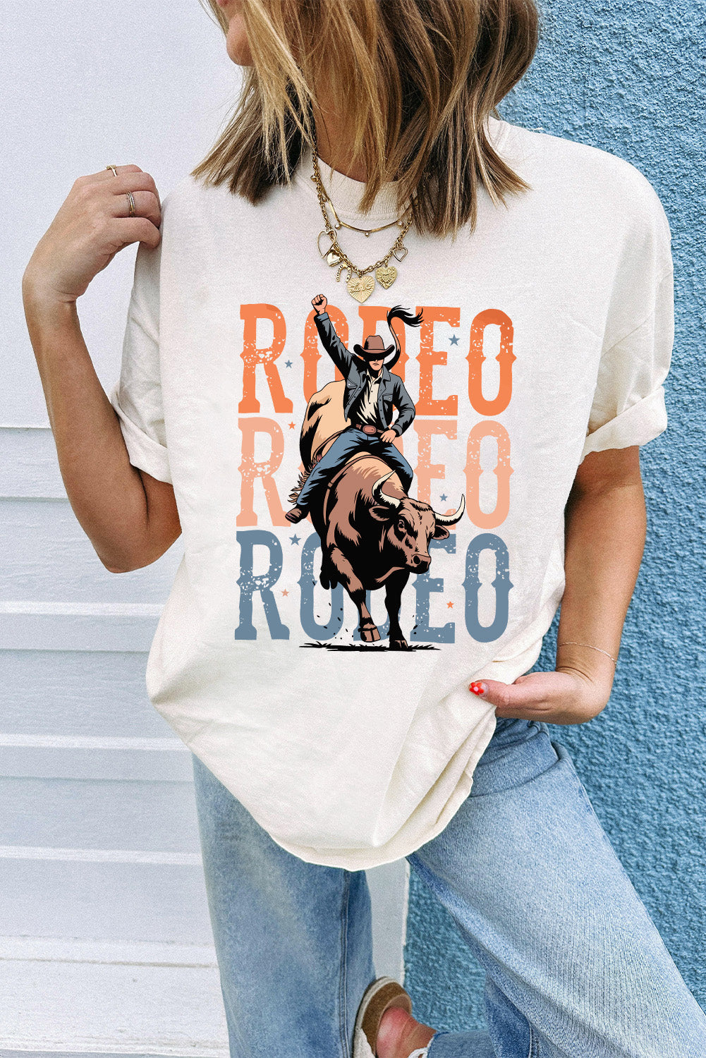 White RODEO Heat Transfer Printing Graphic T Shirt Graphic Tees 54be47a8f5896f37