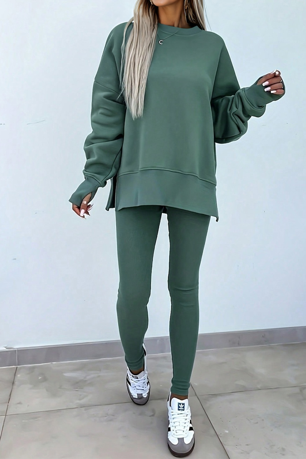 Green Bay Solid Color Oversize Slit Sweatshirt Ribbed Leggings Set Two Piece Pants Sets 54c722bcadf1d2c7