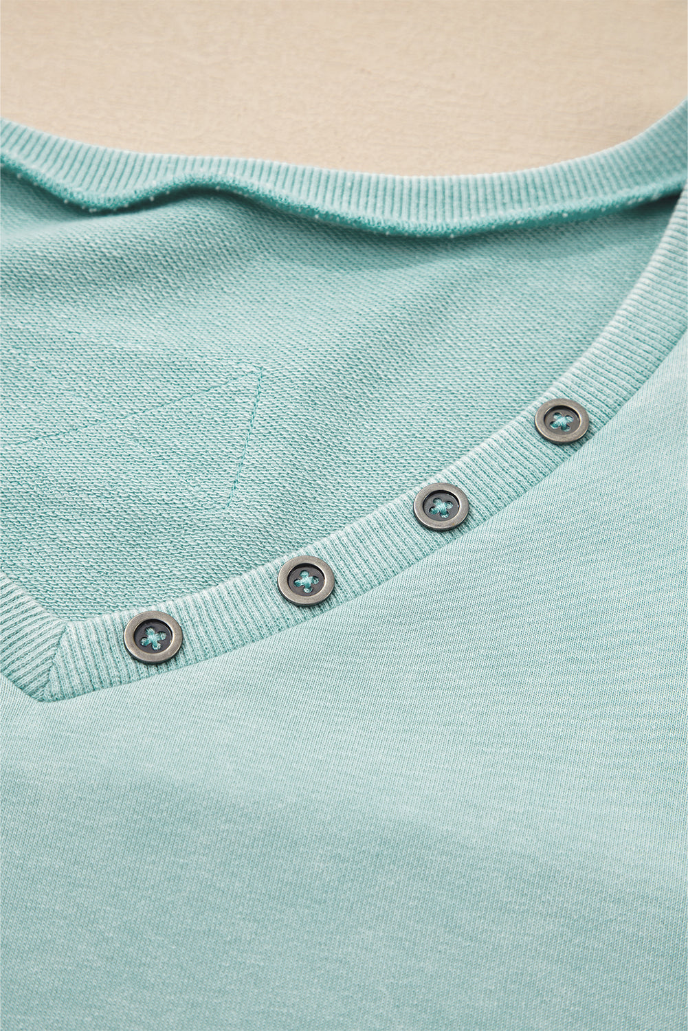 Mist Blue Mineral Wash Exposed Seam Buttoned V Neck Pullover Top Long Sleeve Tops 54d74e6f91ce53f7