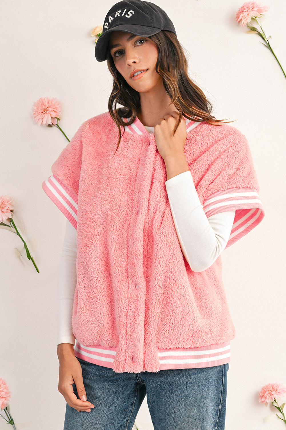 Gossamer Pink Contrast Trim Plush Sleeveless Coat Coats 54de870accd52752