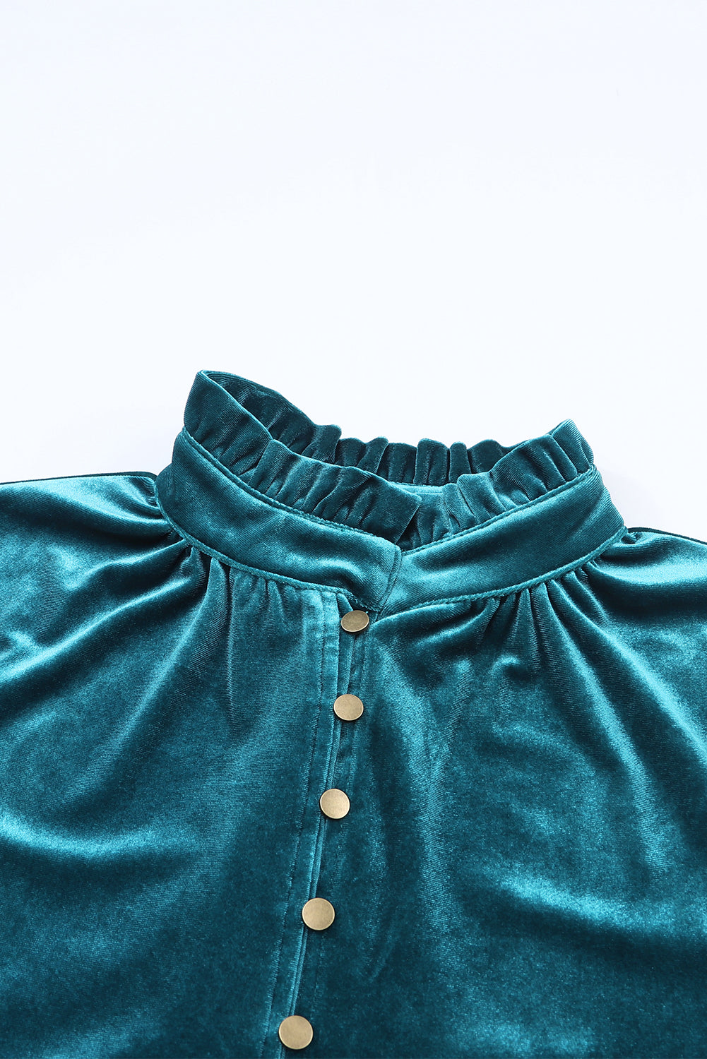 Green Frilled Neck Buttoned Front Velvet Top Long Sleeve Tops 54f2d1f6623079b5