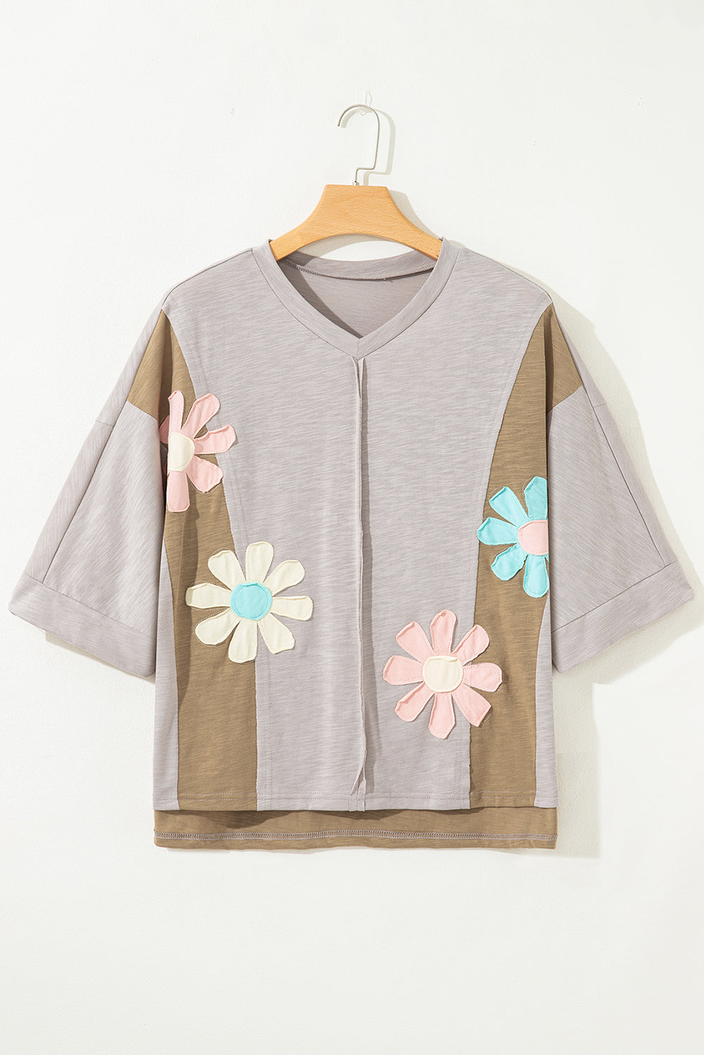 Light Blue Flower Patched Exposed Seam 3/4 Sleeve top Long Sleeve Tops 55177774f80aac45