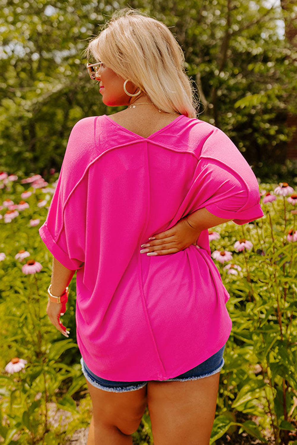 Bright Pink Seamed Back High Low Hem V Neck Plus Size Tee Plus Size Tops 5558edd6c2a95d85
