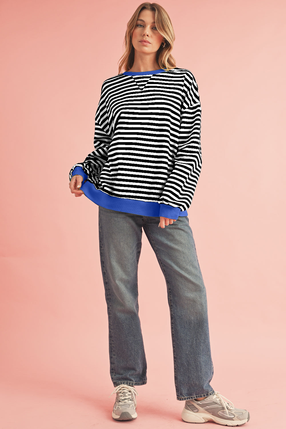 Blue Stripe Contrast Edge Cross Seam Oversized Pullover Sweatshirts & Hoodies 56301cd6c867a487