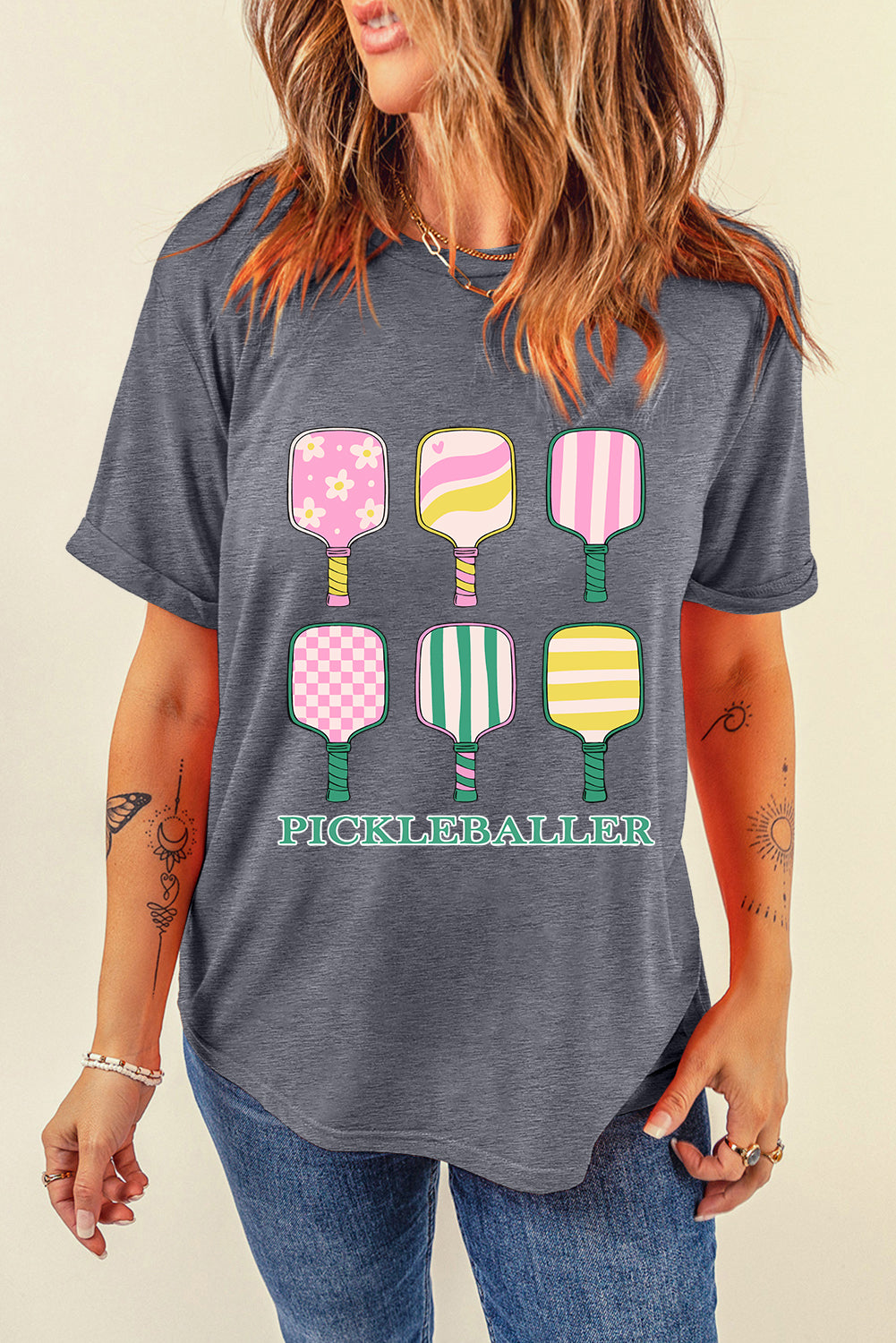 Gray PICKLEBALLER Heat Transfer Printing Printed Casual T Shirt Graphic Tees 5691b5cb0b056127