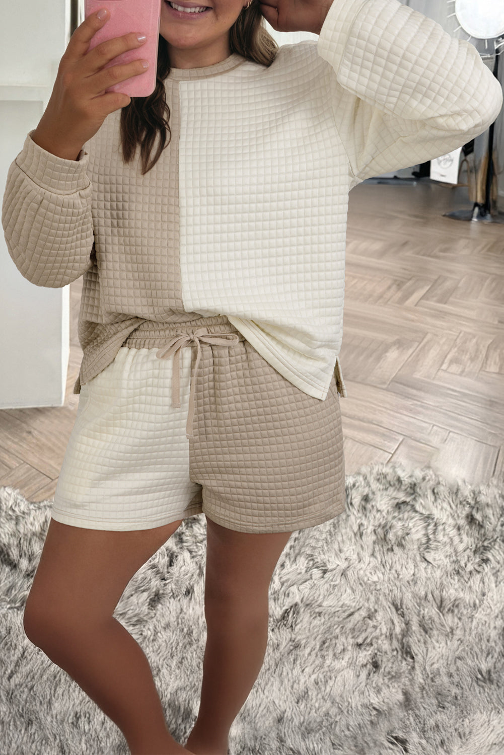 Khaki Color Block Patchwork Textured Long Sleeve Top and Shorts Set Two Piece Shorts Sets 57ac58fa0170526e