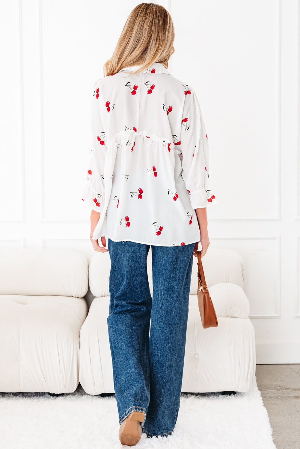 White Cherry Print Flounce Sleeve Collared Frilled Babydoll Blouse Blouses 57b28cd8fed2c68a