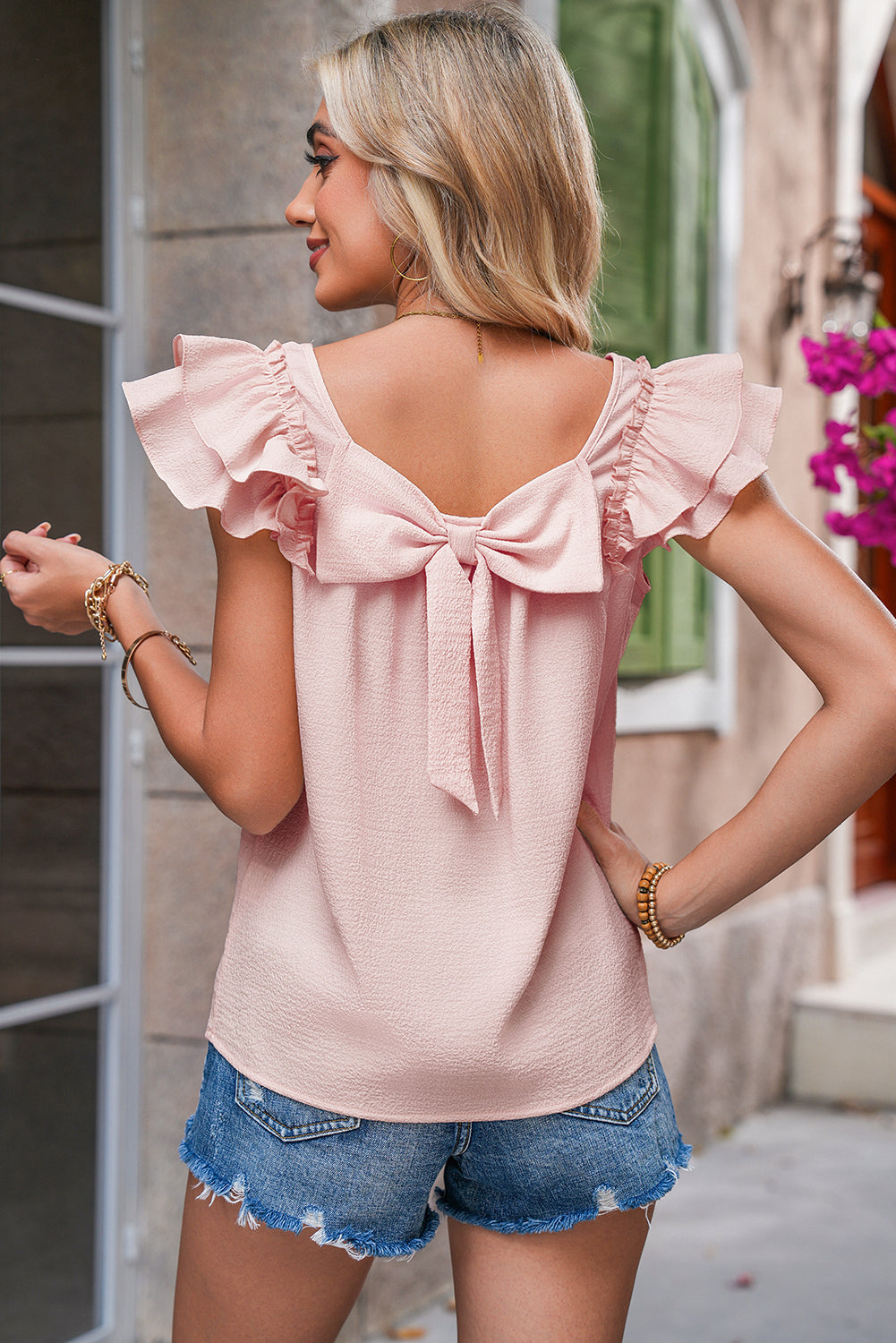Beige Textured Bow Frilled Ruffle Sleeve Blouse Blouses 57e620df58697e10
