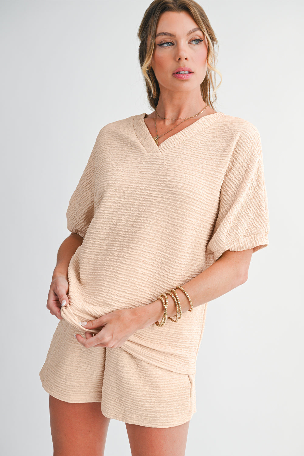 Pink Textured V Neck T Shirt and Shorts Set Two Piece Shorts Sets 5801fd63dbe60bca