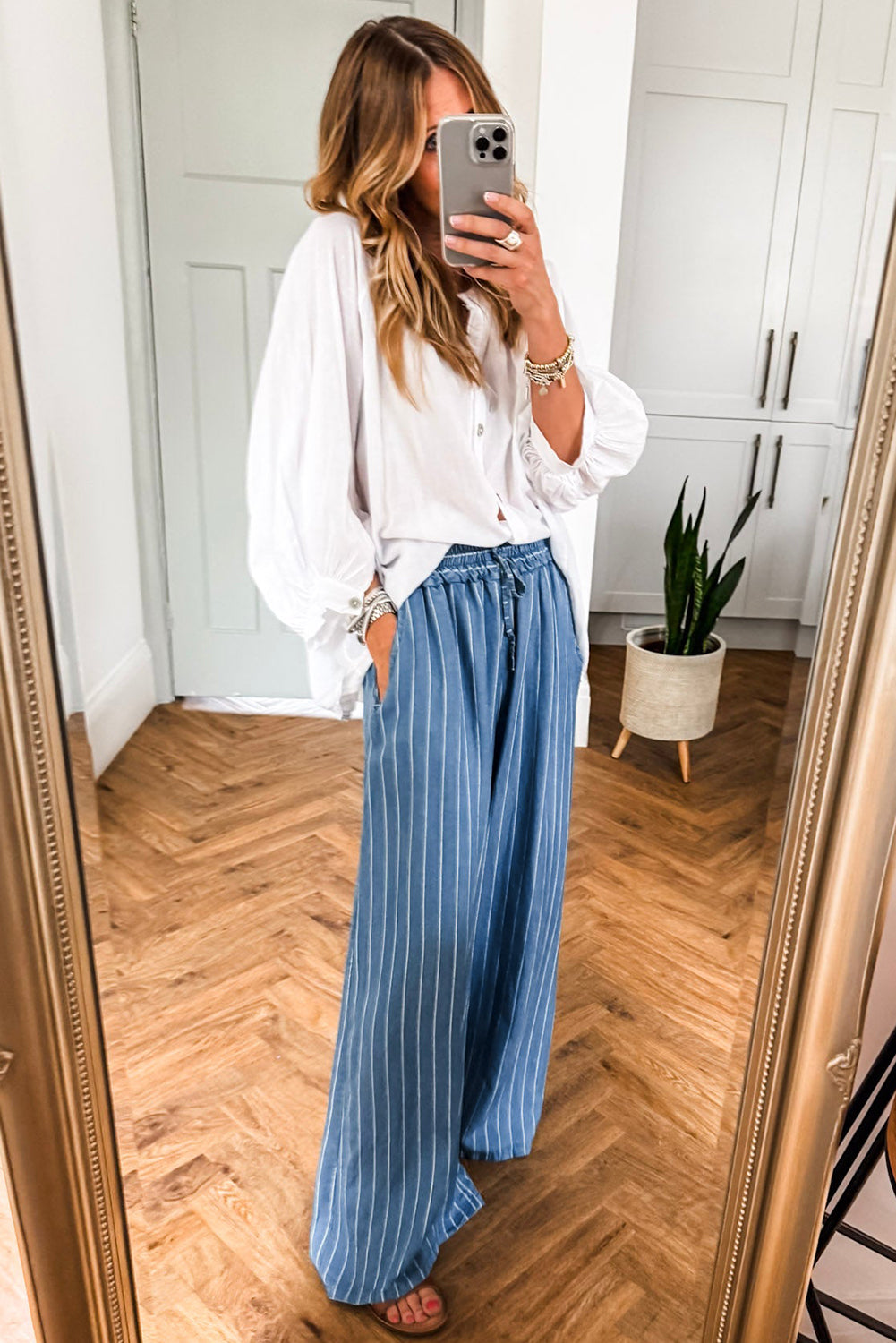 Sky Blue Stripe Chambray Wide Leg Tied Elastic Waist Trousers Pants 580ab3d4562d74ee