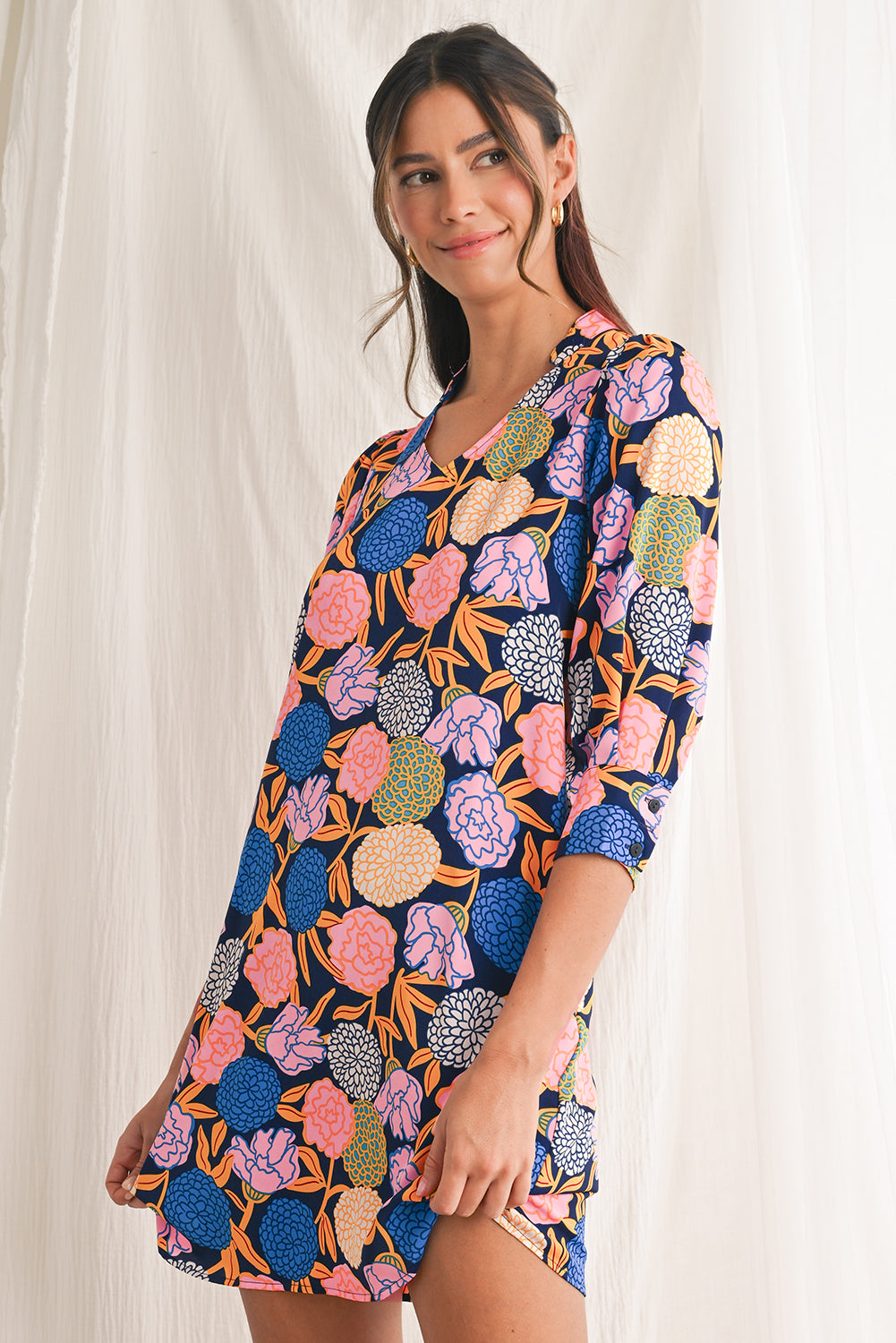 Navy Blue Hydrangea Floral V Neck Puff Sleeve Dress Short Dresses 588677c8537df487