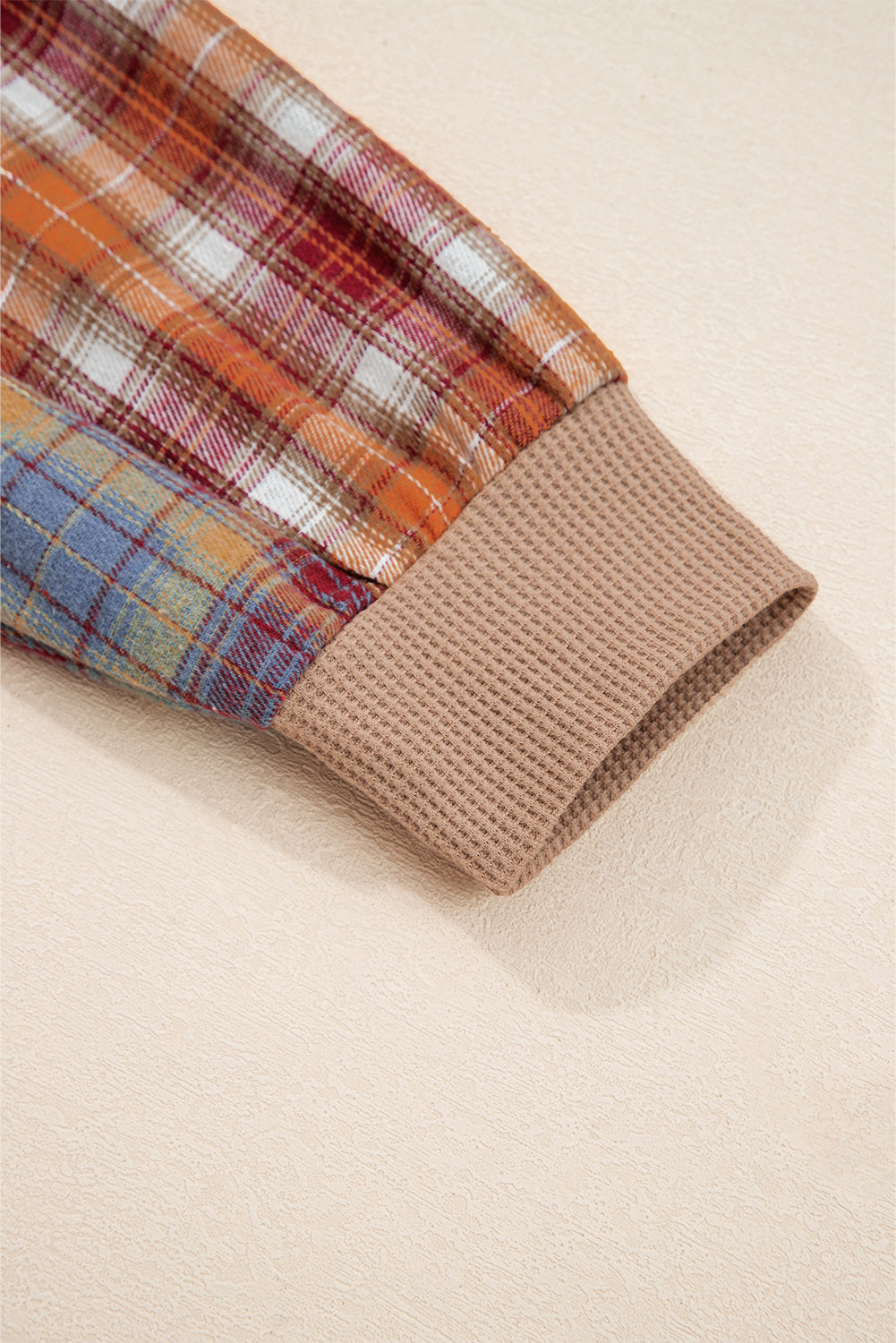 Beige Waffle Stripe Plaid Patchwork Henley Top Long Sleeve Tops 589cbf4d678d33cc