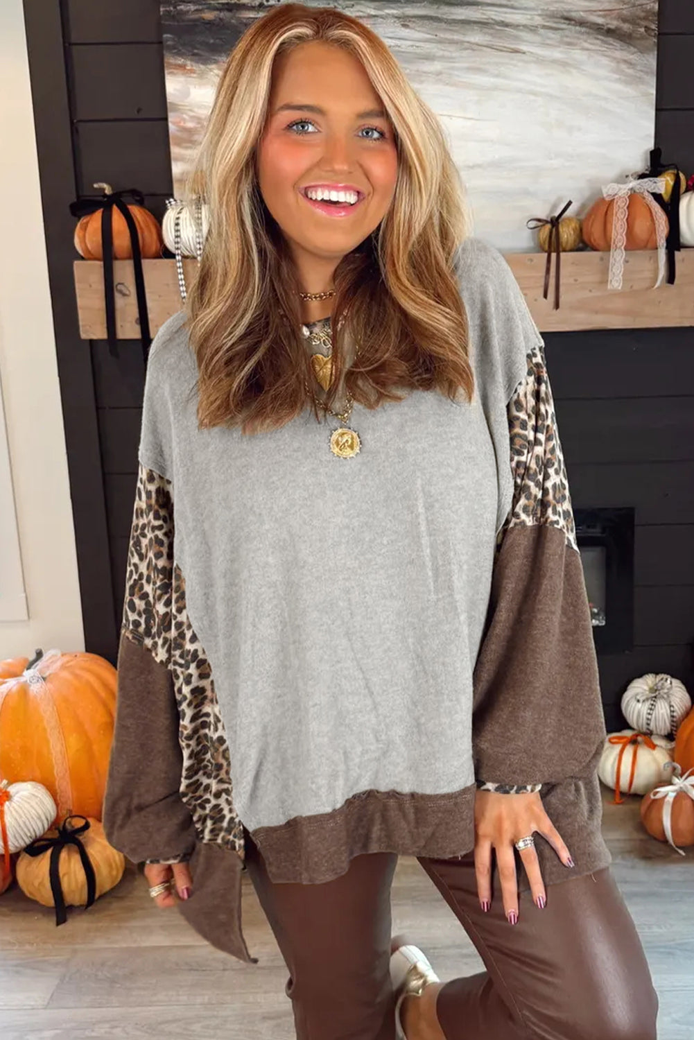 Gray Leopard Patchwork Dolman Sleeve High Low Baggy Sweatshirt Sweatshirts & Hoodies 58d7a49eeabc108e