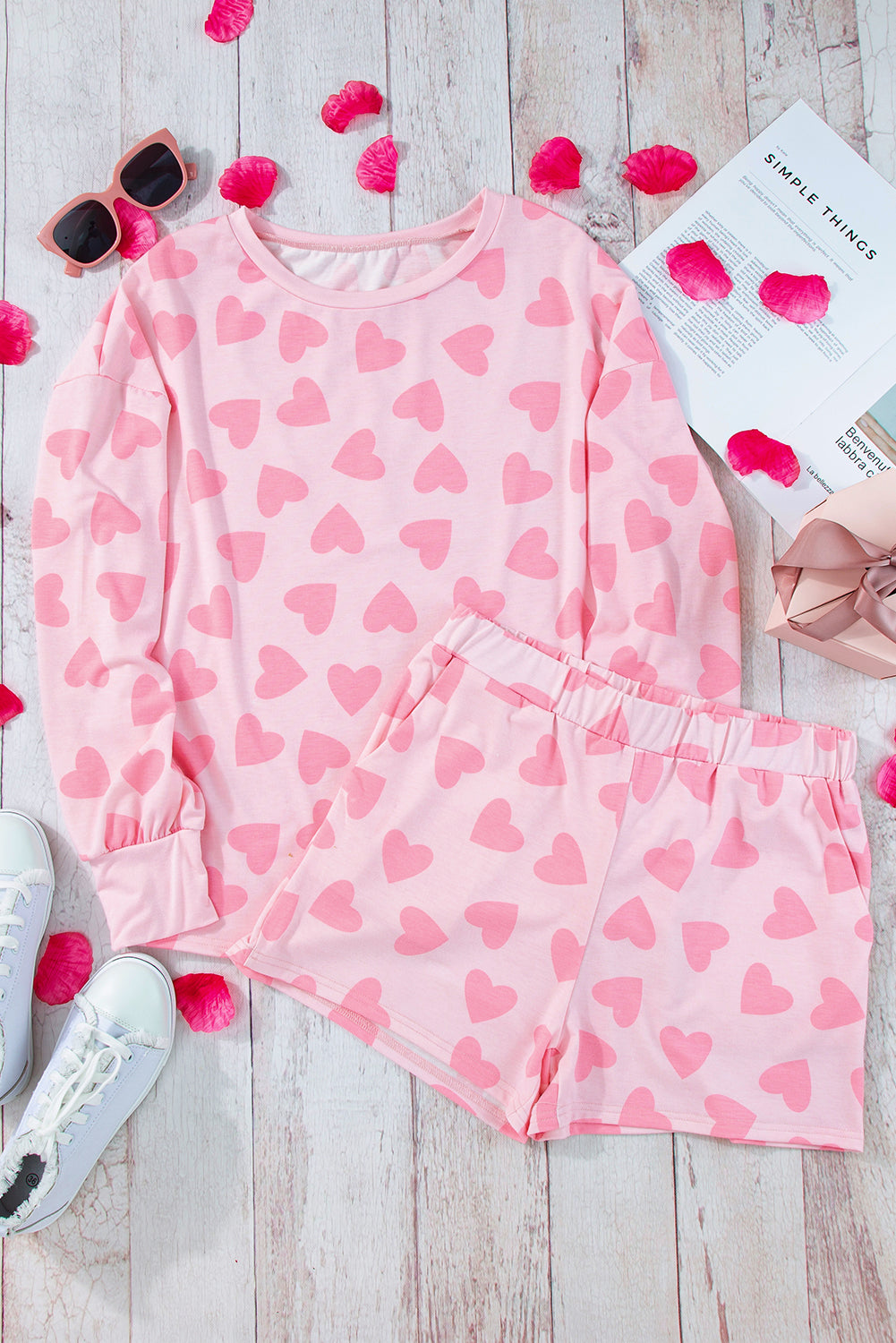 Pink Heart Print Long Sleeve Top and Shorts Loungewear Set Loungewear Set 5916bb26934dd5e2