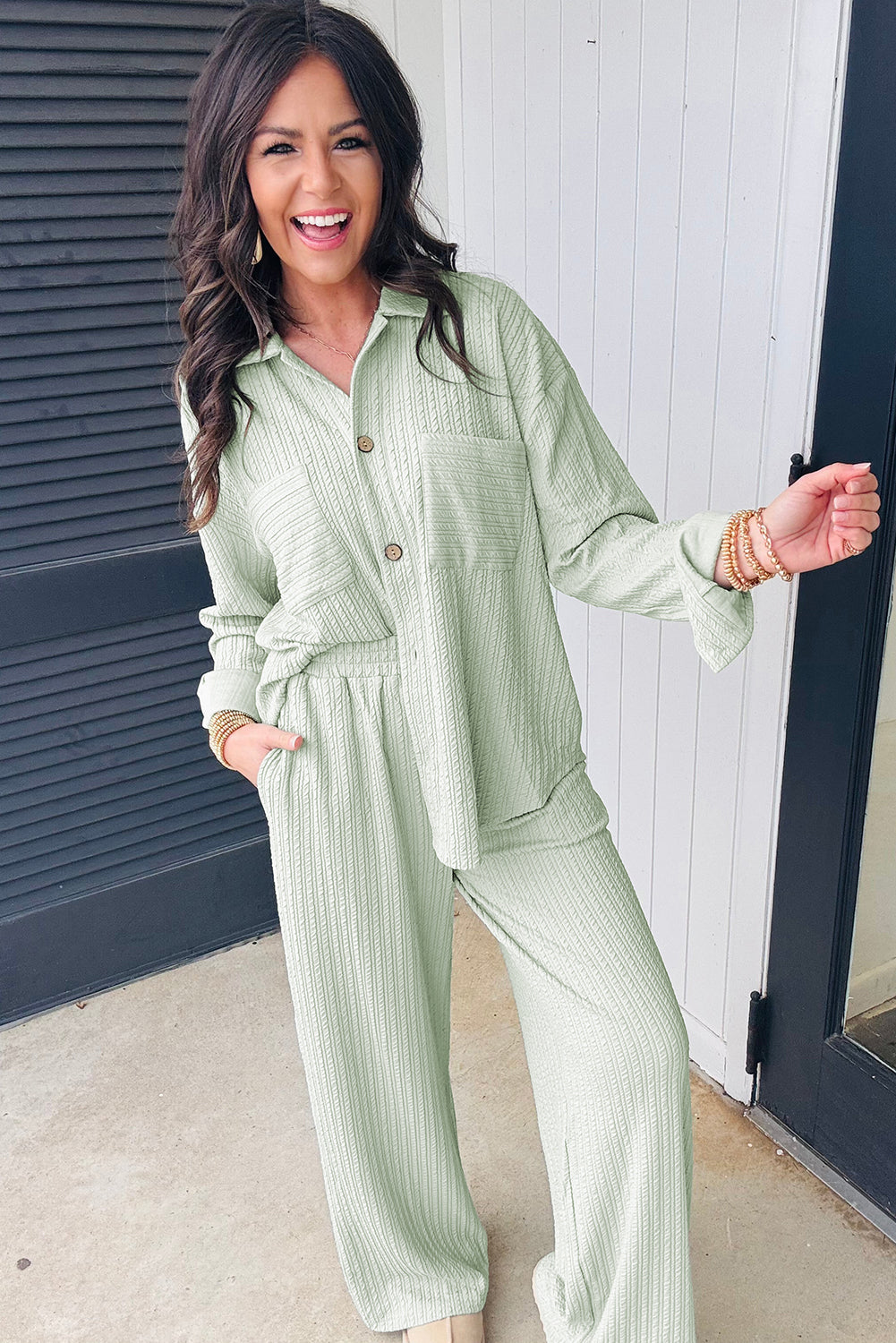 Clearly Aqua Textured Patch Chest Pocket Shirt and Pants Set Two Piece Pants Sets 59404a1efab22472