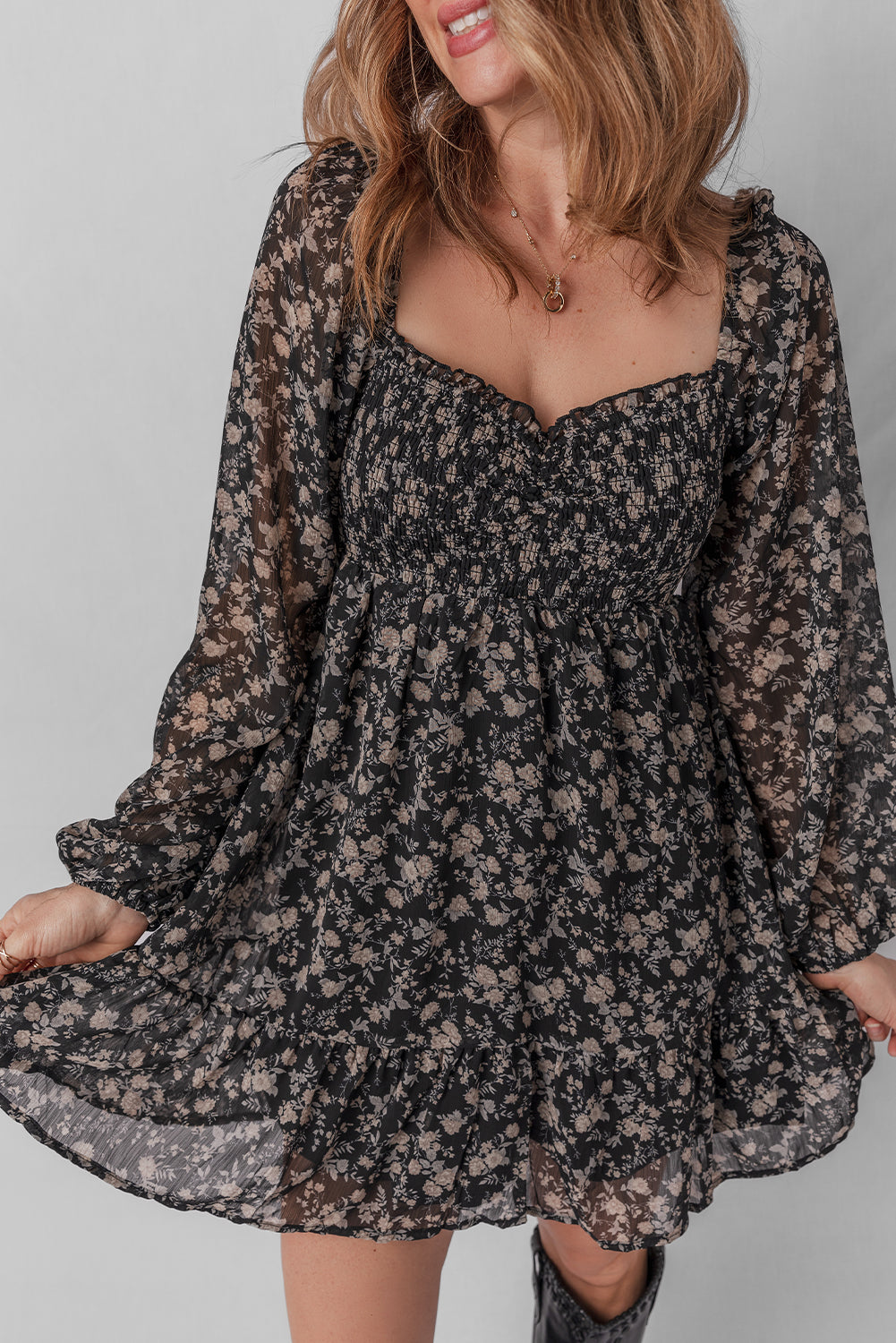 Black Floral Long Sleeve Frilly Shirred Square Neck Mini Dress Short Dresses 598c5810bee33684