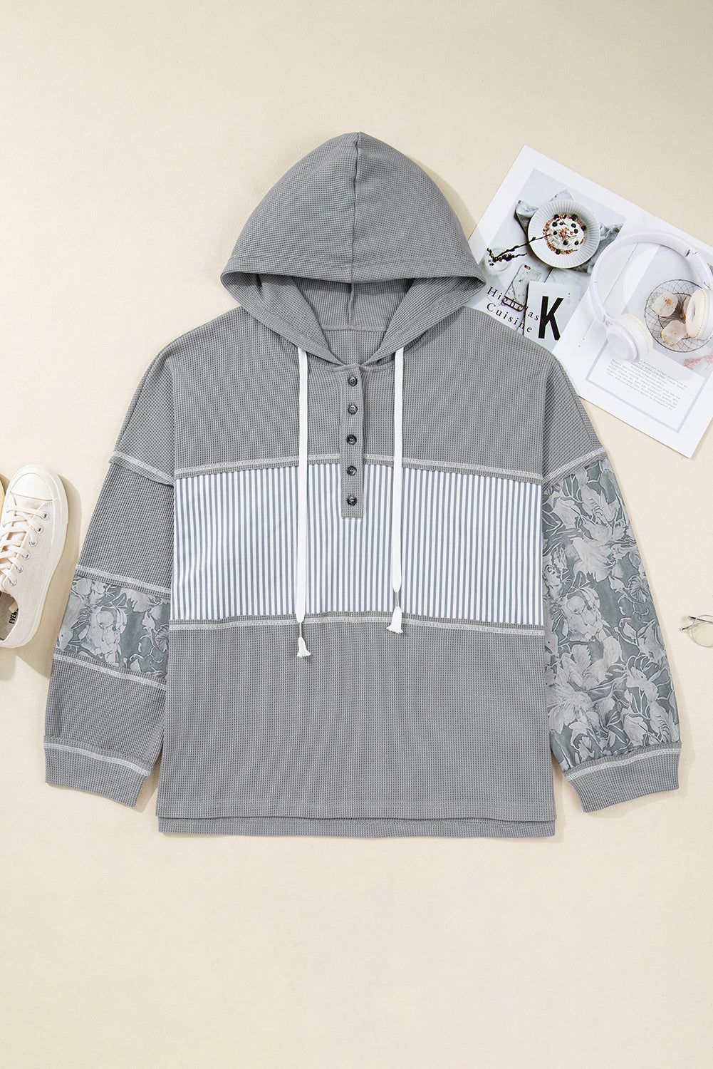 Gray Mixed Waffle Knit Patchwork Henley Plus Size Hoodie Plus Size Tops 599e4b708c7bab75