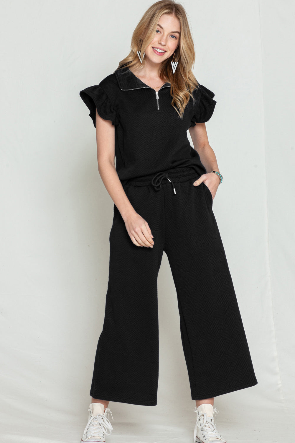 Black Textured Ruffle Cap Sleeve Top and Wide Leg Pants Set Two Piece Pants Sets 59b30be370c1dd9e