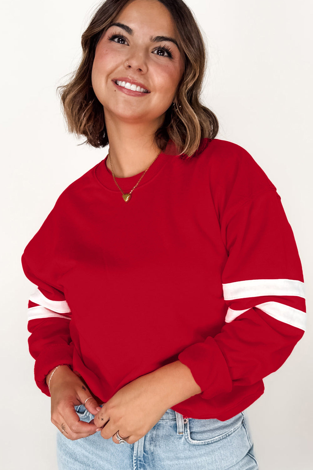 Fiery Red Varsity Striped Detail Plus Size Round Neck Sweatshirt Plus Size Tops 59d521f937315055
