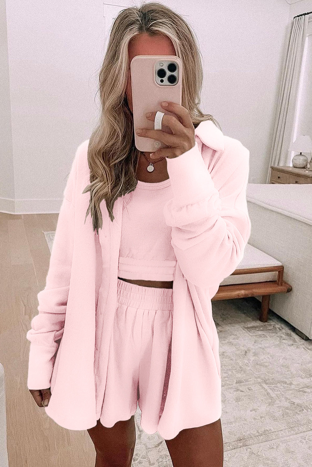 Gray Shirred Hem Crop Tank Top Loose Shorts Cardigan 3 Piece Pajama Set Loungewear Set 59eb8574e466e688